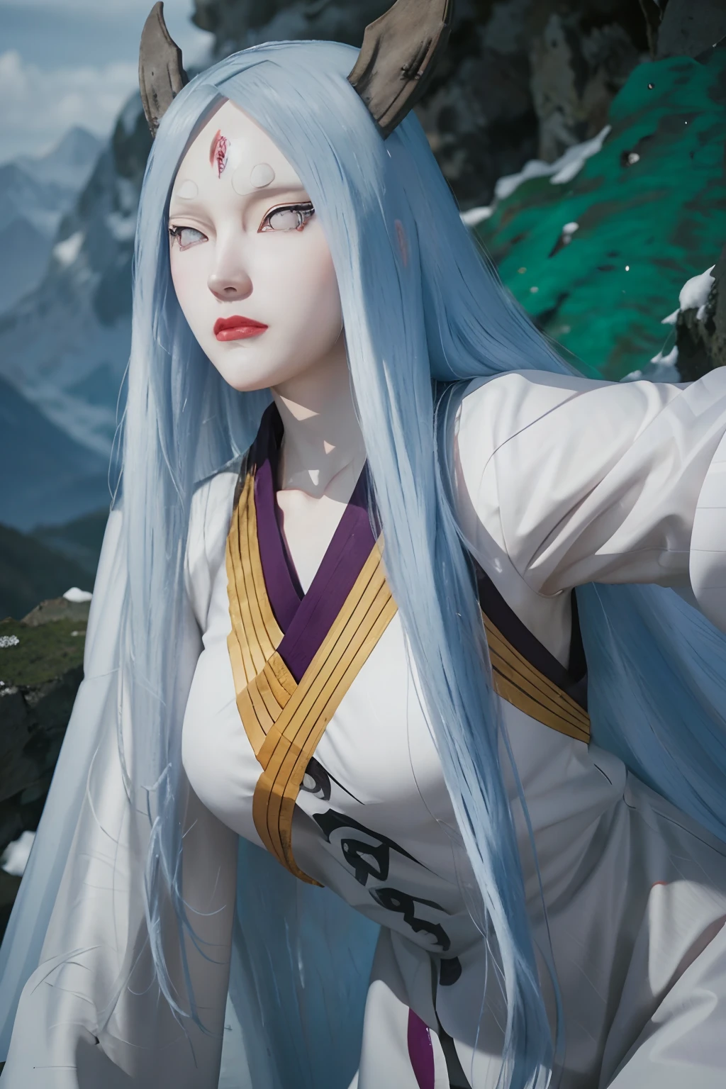 kaguya ōtsutsuki.  a woman was standing in the hills wearing a tight, tracing white kimono.  she had pale white skin worthy of snow.  with tiny, rosy lips.  he has long blue hair.  he seemed to be staring intently at the camera.  so beautiful and realistic