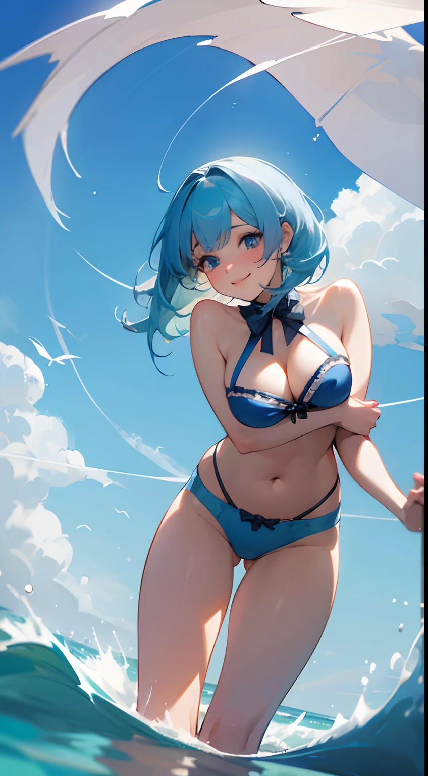 1 girl, Philfia Ingram, Solo, chest, looking_at_viewer, blush, mouth, lips, smile, bangs, light blue hair, light blue eyes, large_breasts, bow, ribbon, navel, cleavage, focus on breasts, taking one in her face, string, legs, thighs, on face, in, blue underwear, standing, ((body getting wet)), water on legs, ultra detailed water, ultra realistic water, wave effect, beautiful day, blue sky, clouds, sun , birds