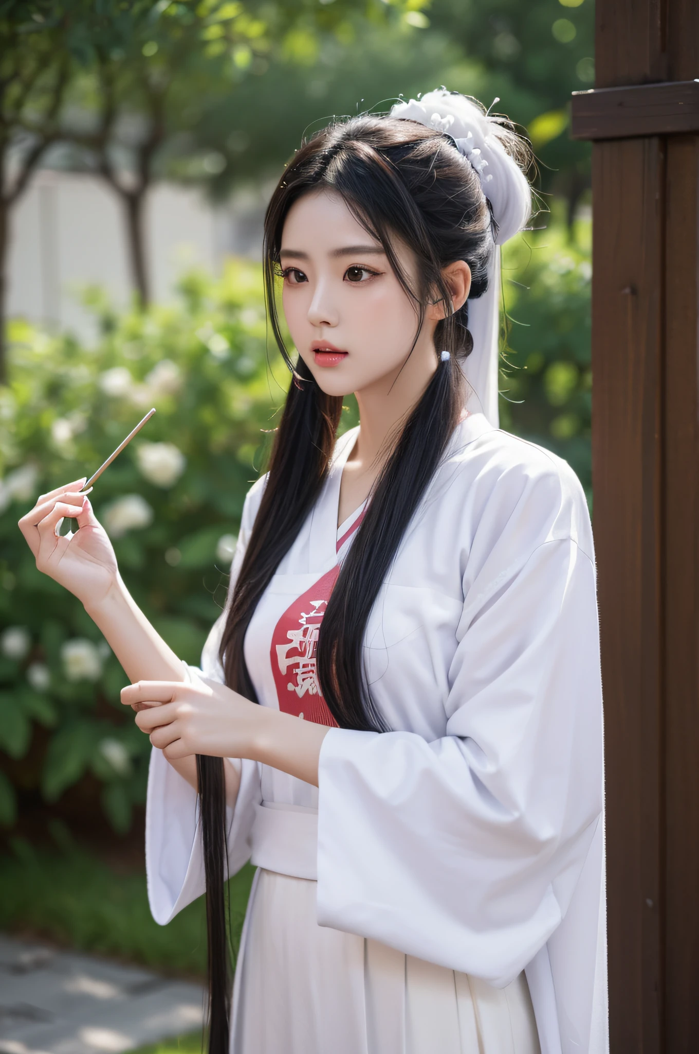 Photo of Pho3B3Cat3S, Beautiful woman, ((22 years old)), street,Big chest,The kinky is exposed, tee shirt, Hanfu, 2020s, Retro, Wooden hairpin, black hair ponytail, (Masterpiece), (Extremely detailed Cg Unity 8K wallpaper), Intricate, ((Photorealistic)),