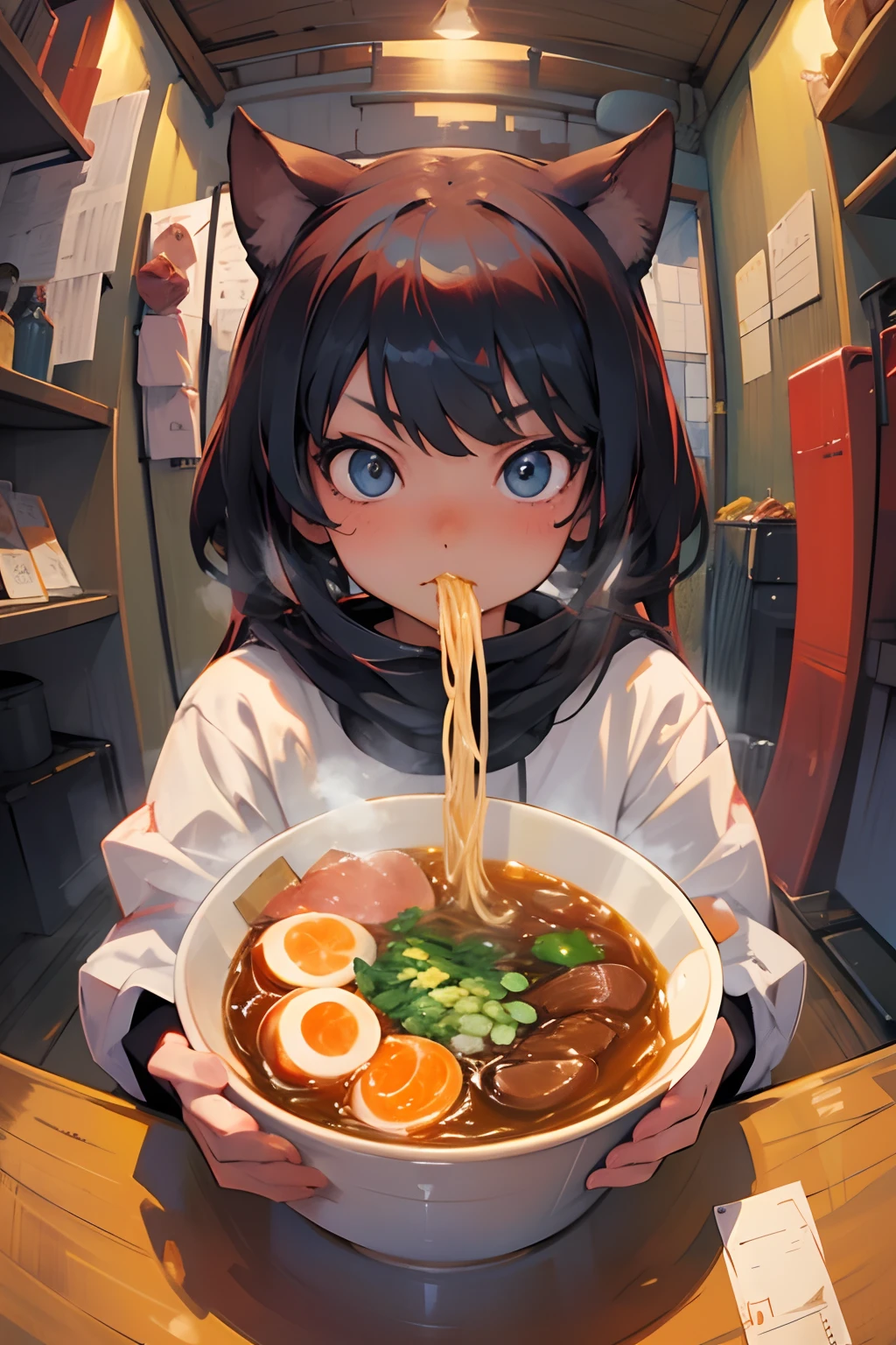 4k, high quality, girl eating ramen, perspective