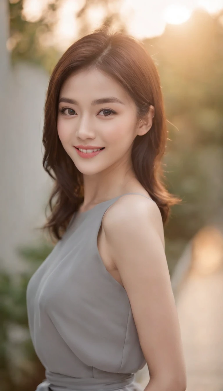 japanes, Beautiful woman like an actress、slim proportions、Soft light, Clear face, cheerfulness, Cheerful big, Smiling, Warm light, ((Off-white gradient background)), (Background)). ((Gray wall background)) , (Bob Cut Hair), Smile, ,Skirt that wraps hips、Ekbo
