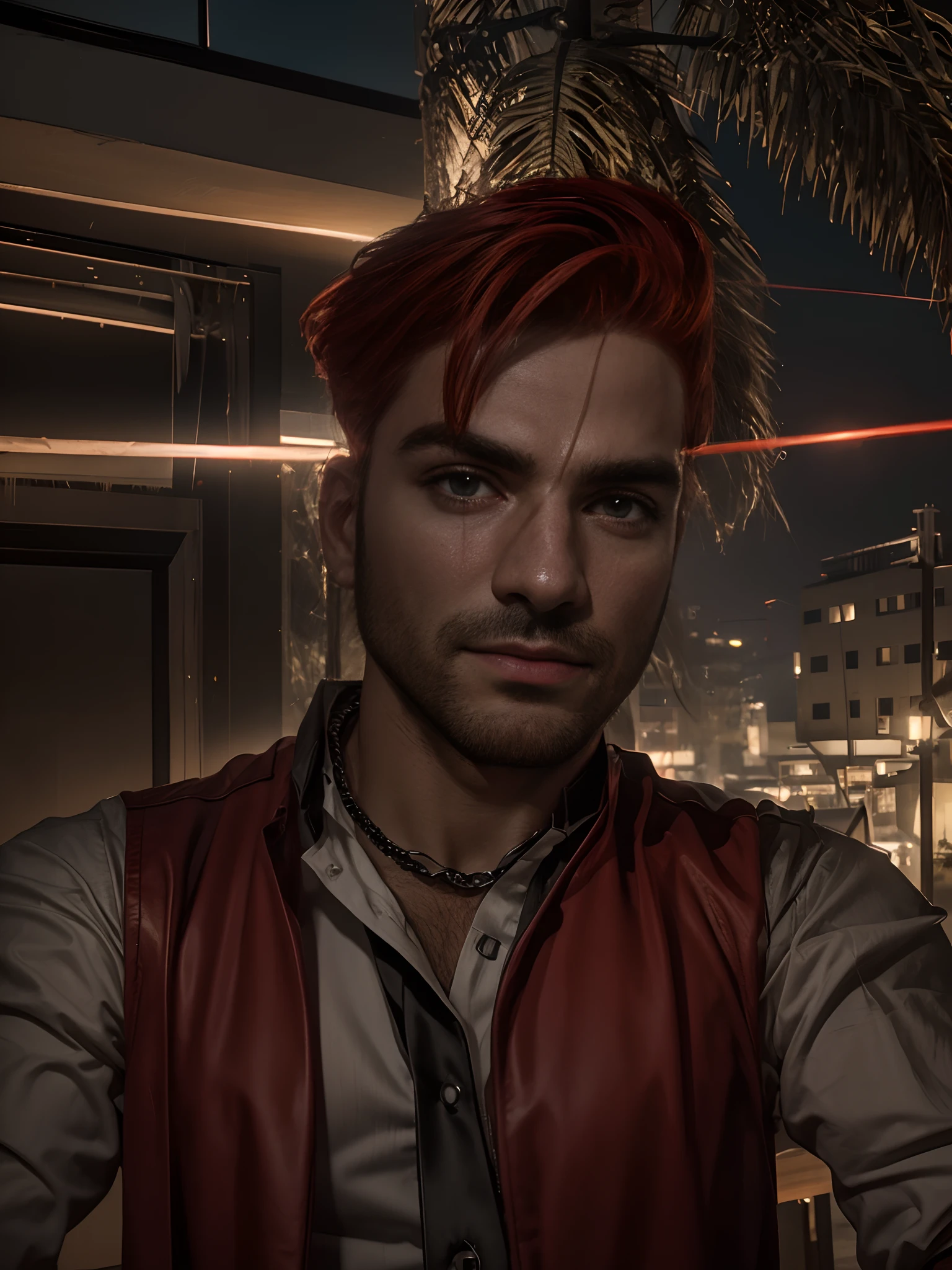 Ultra realistic, dashing attractive male with bright red hair, embodies the look like Constantine, shadow creature that’s behind him in the shape of a wolf shape real face