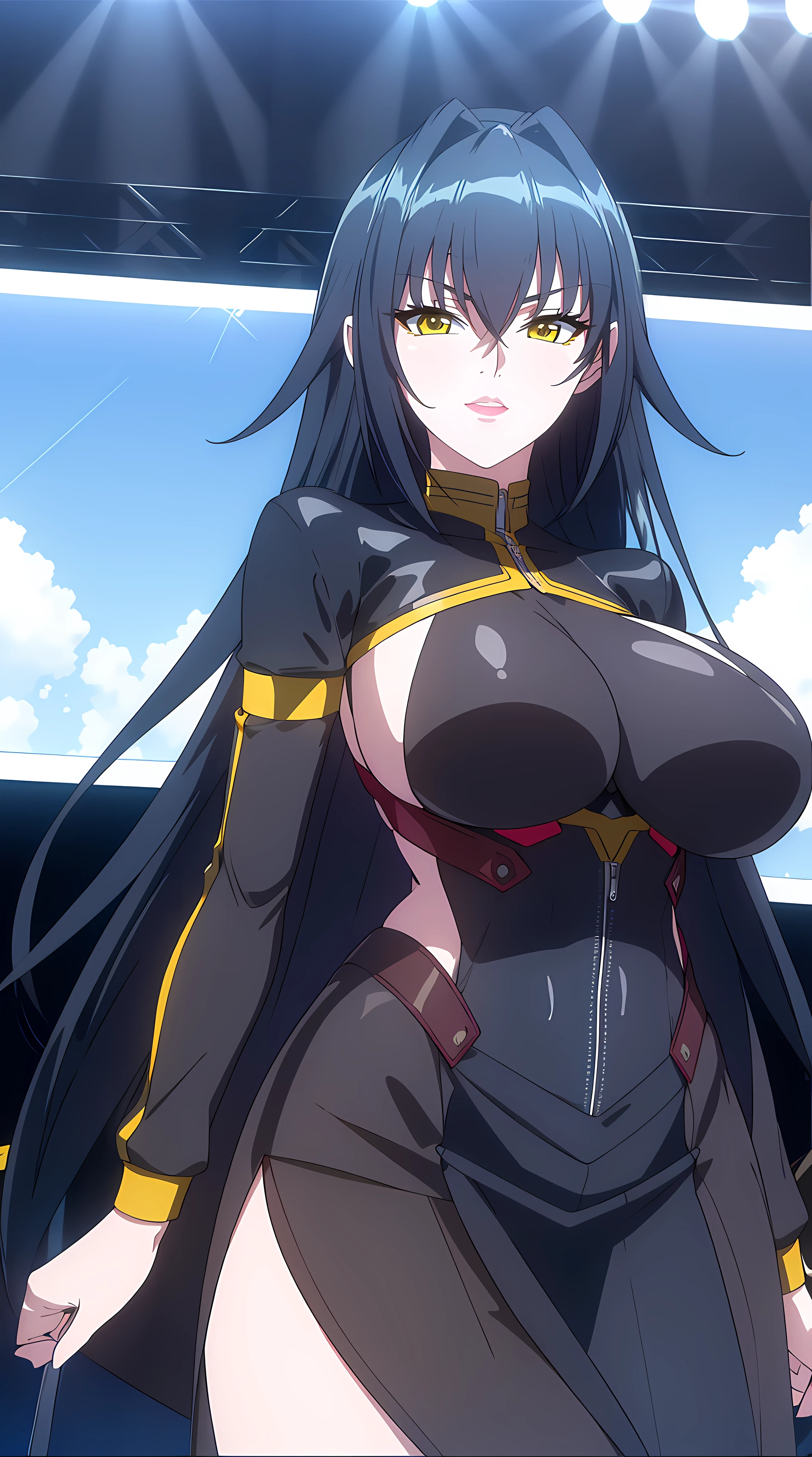 professional artwork, Intricate Details, field of view, sharp focus, detailed painting, photorealistic lighting, trending on pixiv, (masterpiece:1.0),(best_quality:1.0), ultra high res,4K,ultra-detailed, photography, 8K, HDR, highres, absurdres:1.2, Kodak portra 400, film grain, blurry background, bokeh:1.2, lens flare, (vibrant_color:1.2),
(Annerose:1), 1girl, female mature, black hair, long hair, yellow eyes, large breasts, bodysuit, higheels, shiny clothes, skin tight, hair intakes, covered breasts, pleated skirt,
simple plain white background, (solo:1.5),