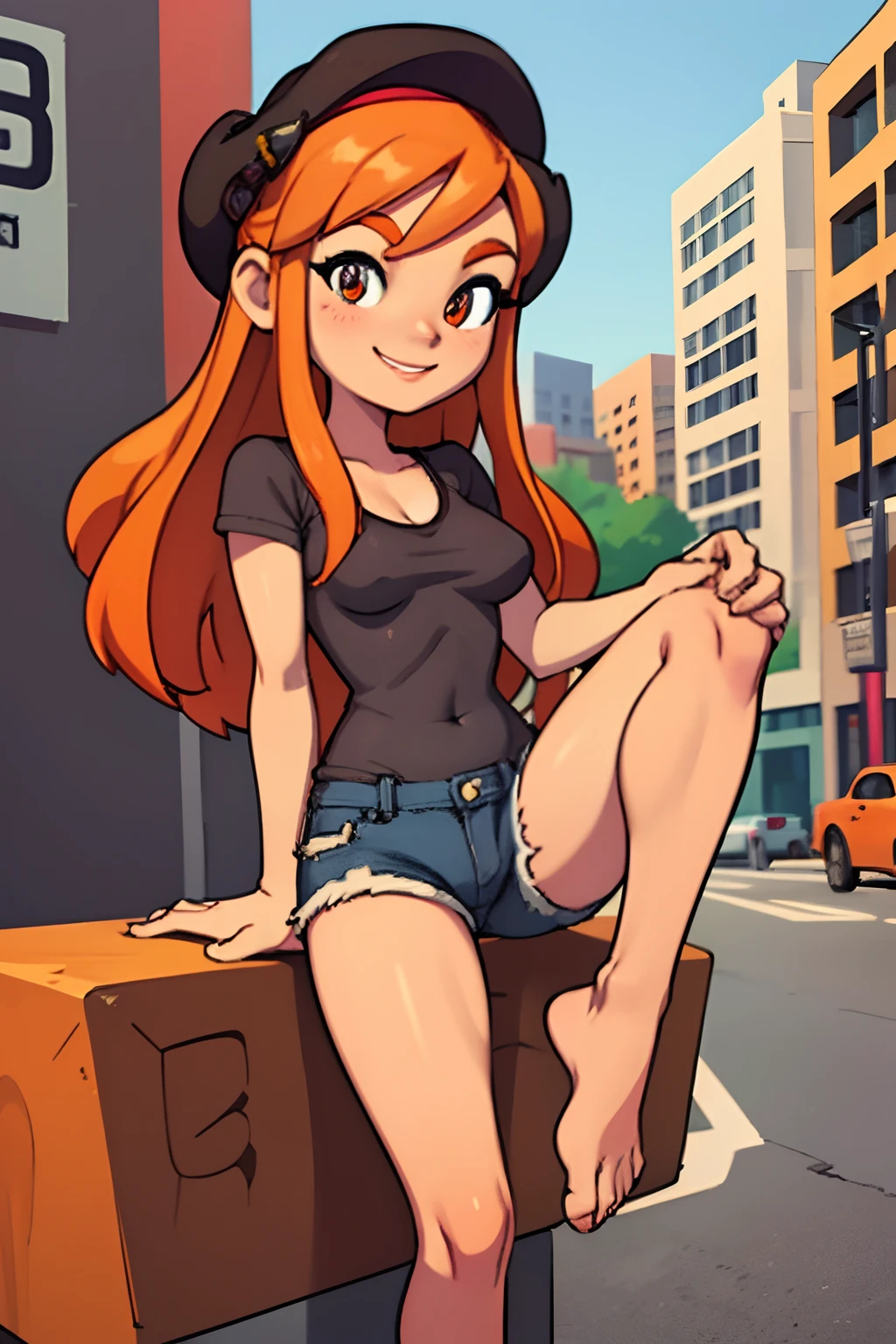 masterpiece, best quality, meggy, solo, medium breasts, tight orange middrift, tight denim shorts, barefoot, cowboy shot, looking at viewer, smile, city street, long hair