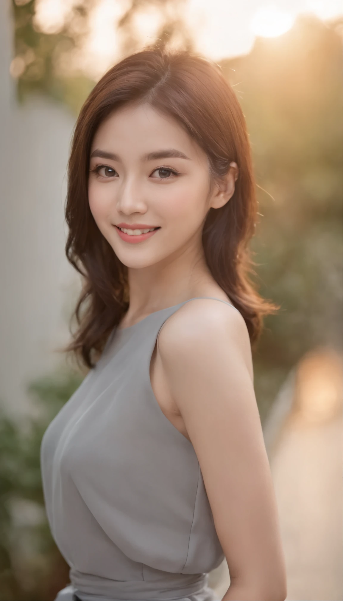 japanes, Beautiful woman like an actress、slim proportions、Soft light, Clear face, cheerfulness, Cheerful big, Smiling, Warm light, ((Off-white gradient background)), (Background)). ((Gray wall background)) , (Bob Cut Hair), Smile,  ,Skirt that wraps hips、Ekbo