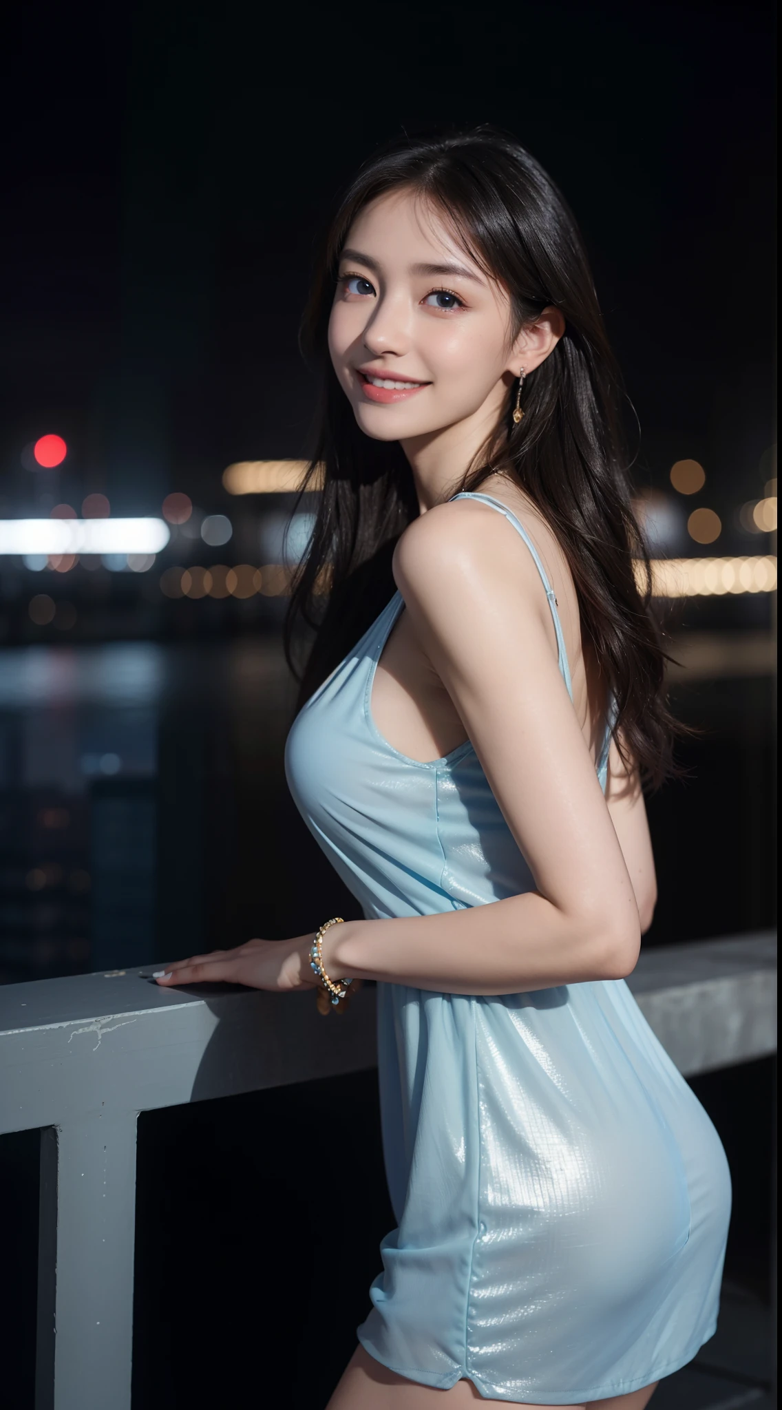 8k, masterpiece, RAW photo, best quality, photorealistic, extremely detailed CG unity 8k wallpaper, Depth of field, Cinematic Light, Lens Flare, Ray tracing, (extremely beautiful face, beautiful lips, beautiful eyes), intricate detail face, ((ultra detailed skin)) 1girl, in the dark, deep shadow, pretty asian girl, ((looking at viewer)),(big smile), (blurry background), midnight, (pretty girl), earrings, bracelets, necklace, clear eyes, (pale skin), face forward, (big eyes), (looking at viewer), large breasts ,((smile)), rooftop, dim lights, ((night)), cityscape, blue eyes, golden dress, mini dress, open breast, veranda, very slim, (medium butt), see through dress, thick thighs