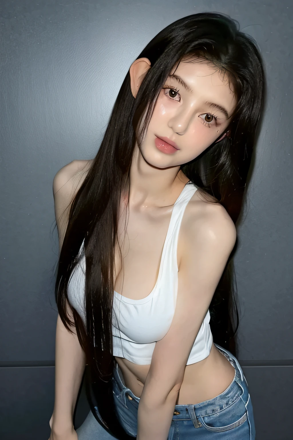 18 year old, half white half asian, sensual pose, Super fine face and eyes,long hair, Tank top of random colors:1.2, short jeans, medium boob,Expose cleavage