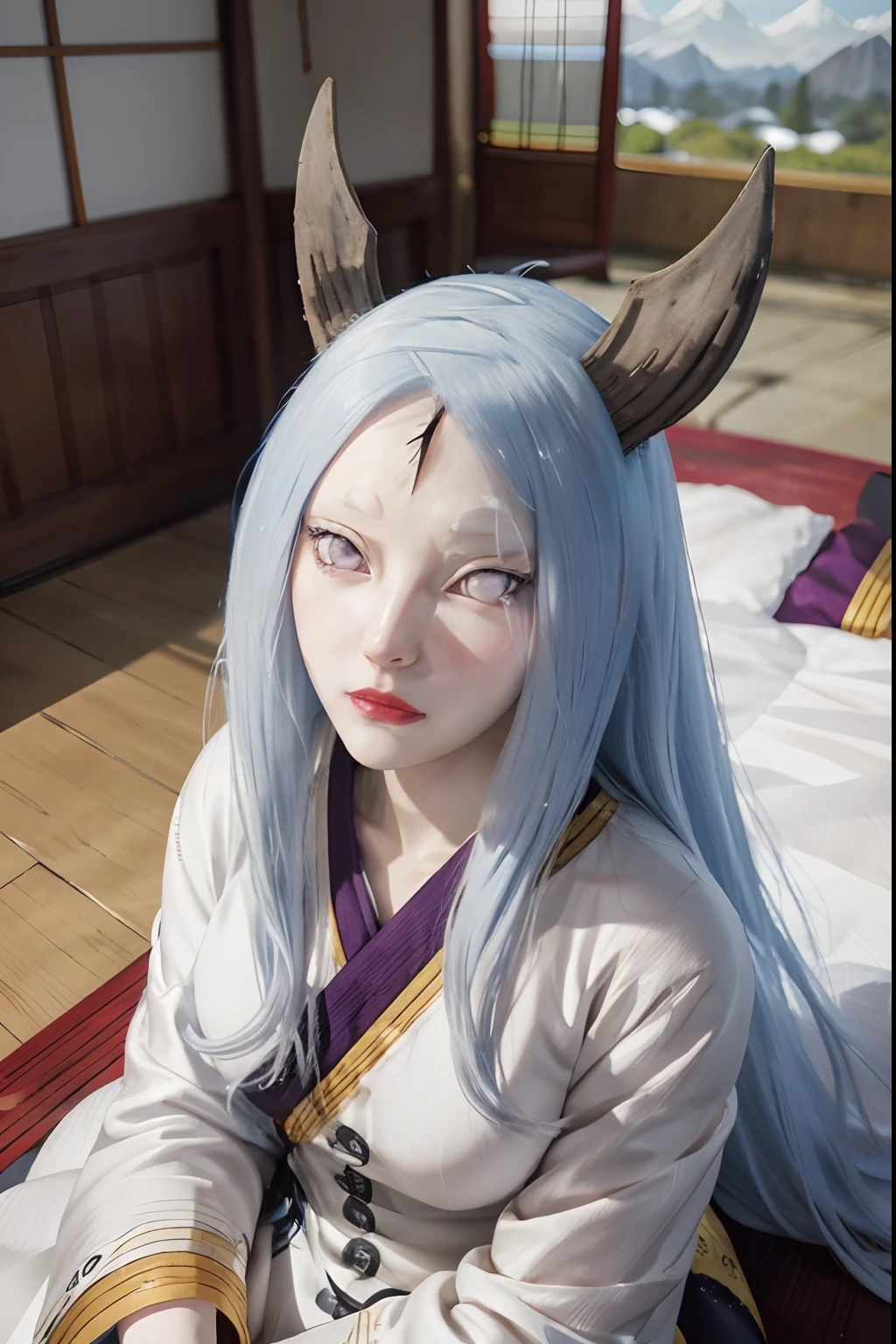 kaguya ōtsutsuki.  a woman is sitting in a room.  wearing a tight, tracing white kimono.  she had pale white skin worthy of snow.  with tiny, rosy lips.  he has long blue hair.  he seemed to be staring intently at the camera.  so beautiful and realistic