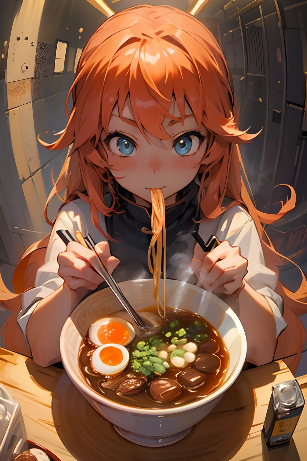 4k, high quality, girl eating ramen, perspective, hands holding chopsticks, clear hands, good hands, god rays, beautiful lighting, long hair