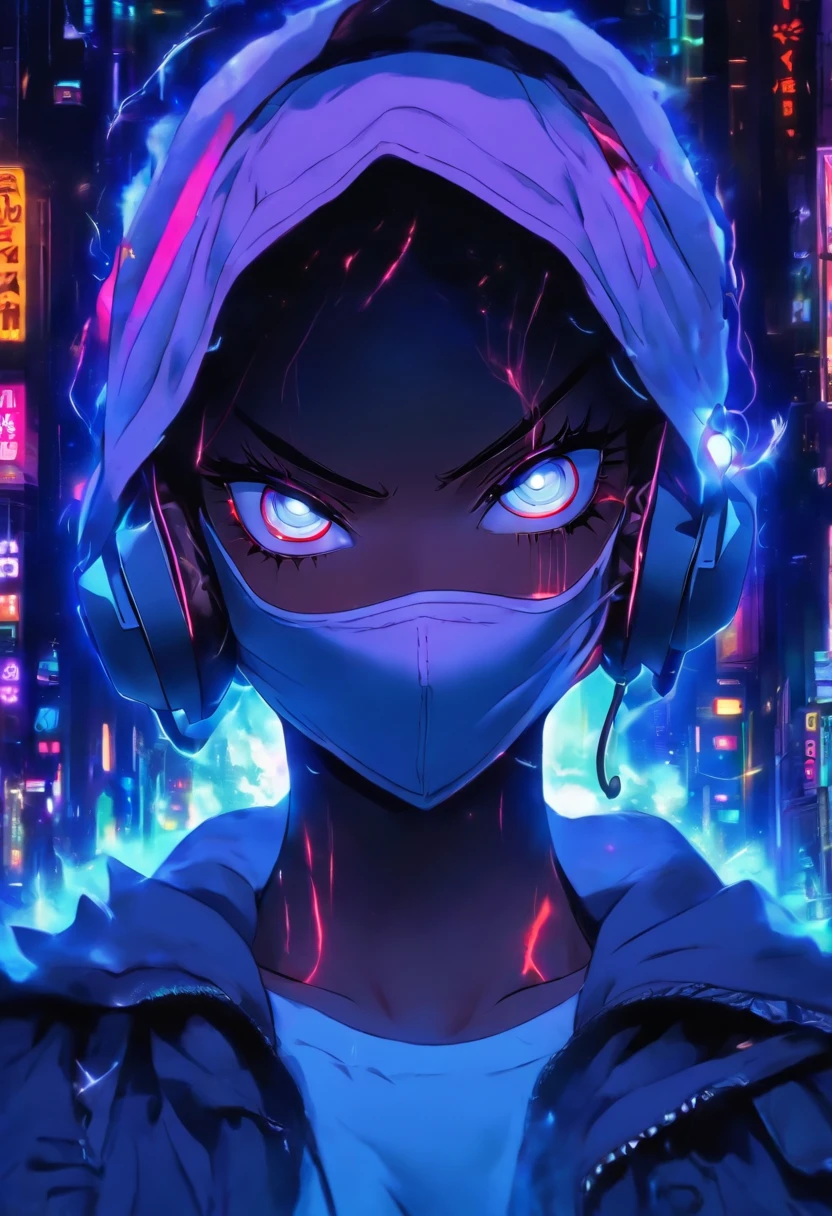 The white hood and mask make it almost invisible against the dark background, But her pretty features and the headphones around her neck give it away. Ele fica de lado, Lost in your own world, contra o pano de fundo do pressentimento.
