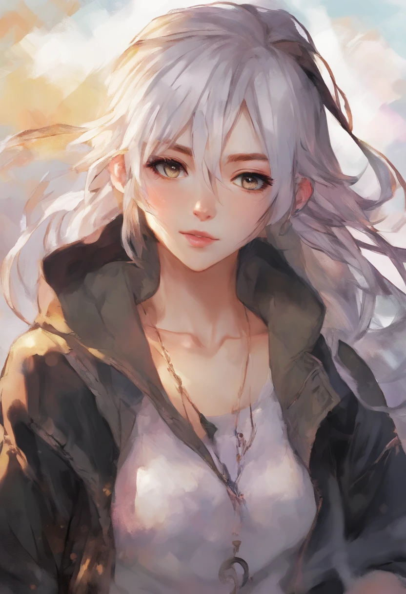 masutepiece, Best Quality, 4K, nffsw, a beauty girl, Painting, beautiful eyes and detailed face, Illustration, Beautiful detailed, High resolution illustration, blazing_white_Particle, 1girl in, White hair, Light purple eye, Hair over one eye, Short details, Baseball Cap,deadpan, Window shade, Black jacket, Chestrig, Cyberpunk, tech wear,(Impressionism:1.4)