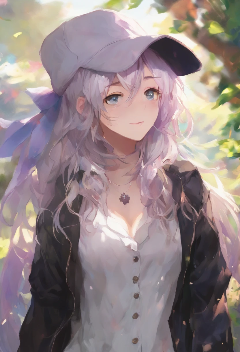 masutepiece, Best Quality, 4K, nffsw, a beauty girl, Painting, beautiful eyes and detailed face, Illustration, Beautiful detailed, High resolution illustration, blazing_white_Particle, 1girl in, White hair, Light purple eye, Hair over one eye, Short details, Baseball Cap,deadpan, Window shade, Black jacket, Chestrig, Cyberpunk, tech wear,(Impressionism:1.4)