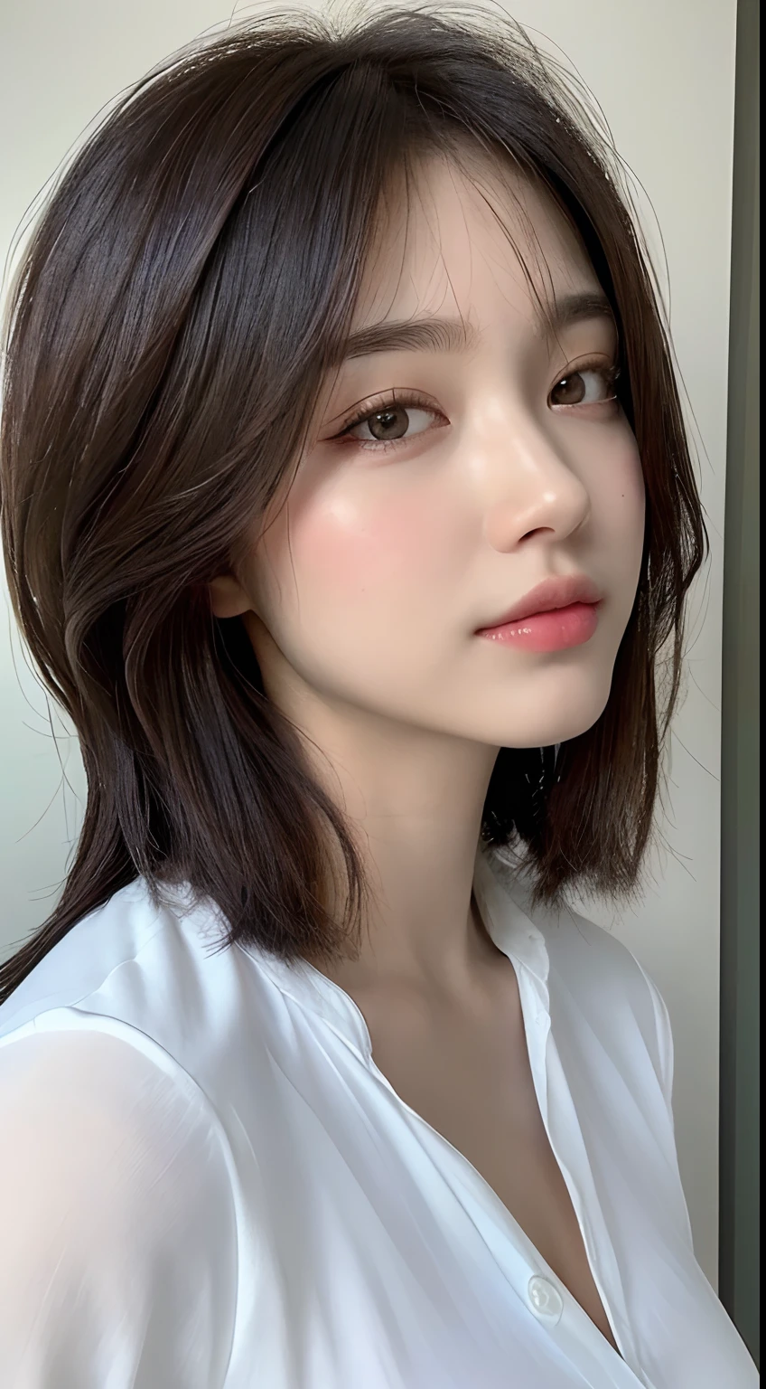 ((Best Quality, 8K, Masterpiece: 1.3)), Sharp: 1.2, Perfect Body Beauty: 1.4, Slim Abs: 1.2, ((Layered Hairstyle, Big Breasts: 1.2)), (Wet White Button Long Shirt: 1.1), (Rain, Scholl: 1.2), Wet: 1.5, Highly detailed face and skin texture, detailed eyes, double eyelids, side face looking at the camera, innocent, (Arrousted: 1.3)