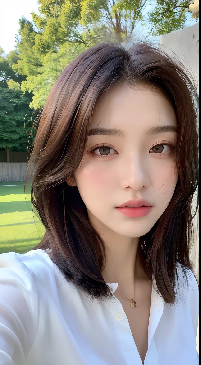 ((Realistic lighting, best quality, 8k, masterpiece: 1.3)), sharp focus: 1.2, 1 girl, beauty with perfect figure: 1.4, slender abs: 1.1, ((layered hairstyle)), (white shirt: 1.4), (outdoor: 1.1), ultra-fine face, fine eyes, double eyelids,