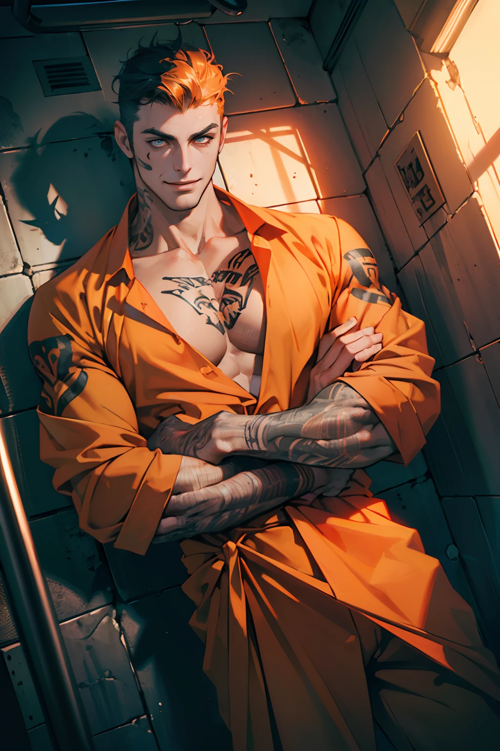 1 boy,Tall and strong,prisoner, perfect male body,look at the camera, (Orange prison uniform, Hold your arms, evil smile,tattoo, prison cell,)portrait,dramatic shadow,Ray tracing, Best quality, Cinematic lighting, Extremely detailed CG, 8K wallpaper,Complicated