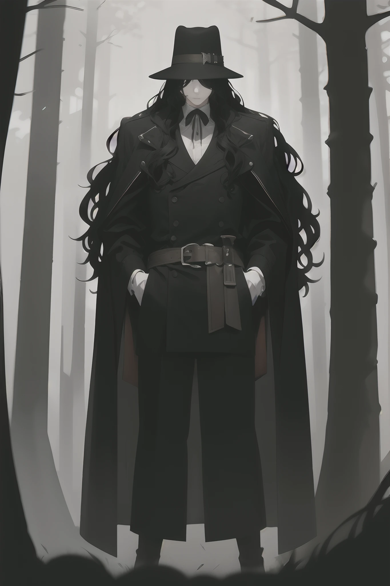 A tall, slender man dressed all in black with long black wavy hair, ((long black wavy hair)),
The long coat is designed to hide your mouth so you don't show your mouth,
Wearing a ten-gallon hat with a wide brim,
His left eye is hidden by his bangs, so you can't see it,
His right eye, the only one visible, shines red,
Equipped with a foil in a sheath on his waist,
Several pouches are tied to his waist belt,
The whole forest is dark and withered, with fog covering it and making it difficult to see the depth,