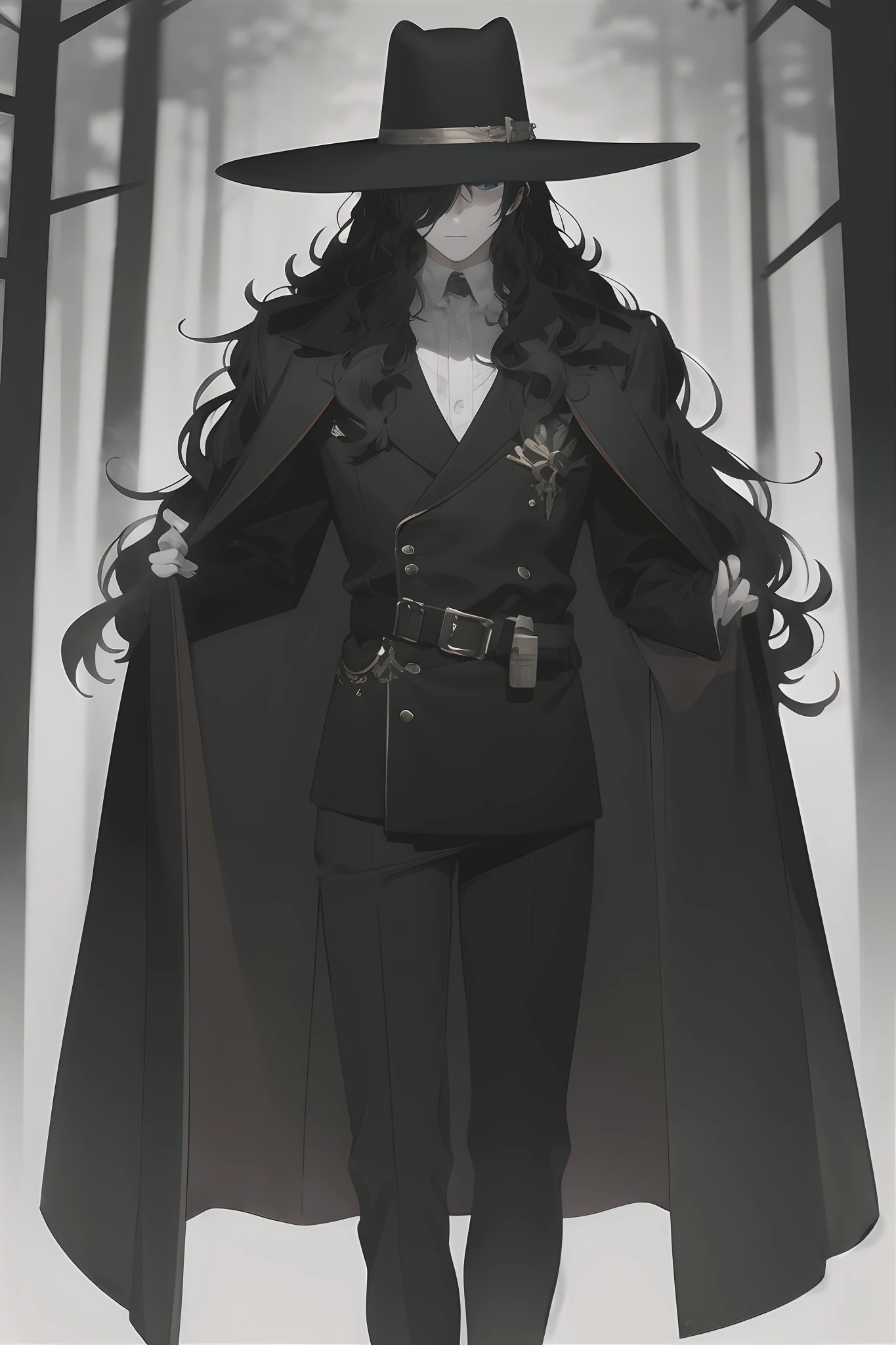 A tall, slender man dressed all in black with long black wavy hair, ((long black wavy hair)),
The long coat is designed to hide your mouth so you don't show your mouth,
Wearing a ten-gallon hat with a wide brim,
His left eye is hidden by his bangs, so you can't see it,
His right eye, the only one visible, shines red,
Equipped with a foil in a sheath on his waist,
Several pouches are tied to his waist belt,
The whole forest is dark and withered, with fog covering it and making it difficult to see the depth,