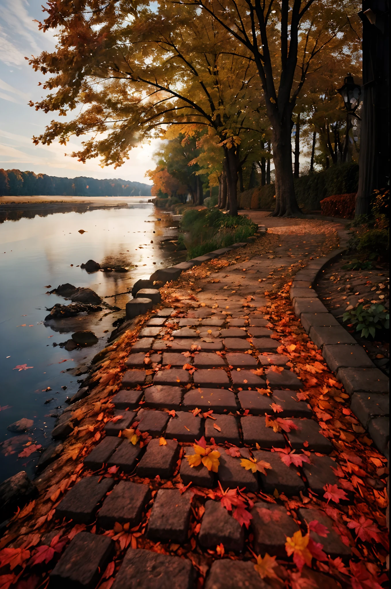 (Best quality,8K,Ultra-detailed,Realistic:1.37),(Autumn lighting,Colorful autumn lighting,Tranquil autumn lights:1.1),Beautiful and detailed brick road,Detailed cobblestone passages,Natural stone passage,Focus on brick roads,Peaceful atmosphere in autumn,Leaves that fall gently to the ground,Detailed foliage scattered on the path,Peaceful autumn atmosphere,Well-maintained sidewalks,Peaceful forest paths,A gateway to a picturesque destination,Autumn leaves cover the earth,Nature wallpaper-like landscape,Flat pebble road,Focus on adobe roads,A realistic depiction of beautiful nature,Autumn lanterns that cast a warm glow,well rendered,8K, Ultra HD,high high quality)