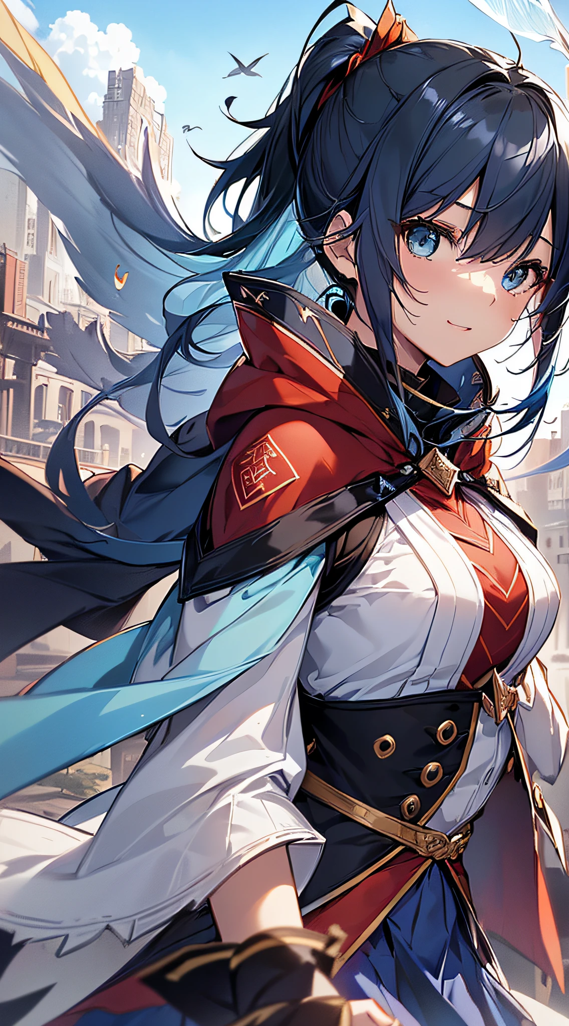 top-quality、Top image quality、​masterpiece、girl with((cute little、18year old、Best Bust、Medium bust、Bust 85,Beautiful blue eyes、Breasts wide open,Ponytail with black hair、A slender、Blue hair mesh、Black and white pitchery、Blue short skirt,red cloak,Laugh、Leaning forward、Flying in the sky、Reflecting the whole body、Fluttering cloak、Fluttering short skirt)）hiquality、Beautiful Art、Background with((blue-sky、mid air、flying though the air)),masutepiece、Elaborate design、visualart、depth of fields、The best lighting、highestdetailed、8ｋ