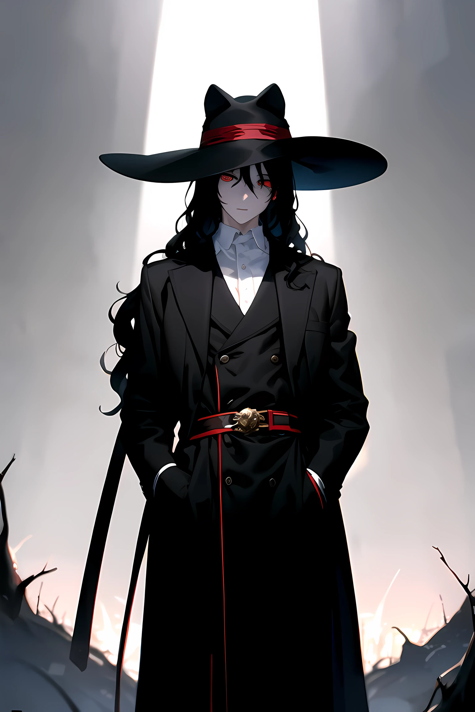 1male, A tall, slender man dressed all in black with long black wavy hair, ((long black wavy hair)),
The long coat is designed to hide your mouth so you don't show your mouth, The front of the long coat is closed,
Wearing a ten-gallon hat with a wide brim,
His left eye is hidden by his bangs, so you can't see it,
His right eye, the only one visible, shines red, (The eyes shine bright red and emit a strong light, making a cross-shaped streak of light visible), ((red eyes, white skin,)),
Equipped with a foil in a sheath on his waist,
Several pouches are tied to his waist belt,
The whole forest is dark and withered, with fog covering it and making it difficult to see the depth,
