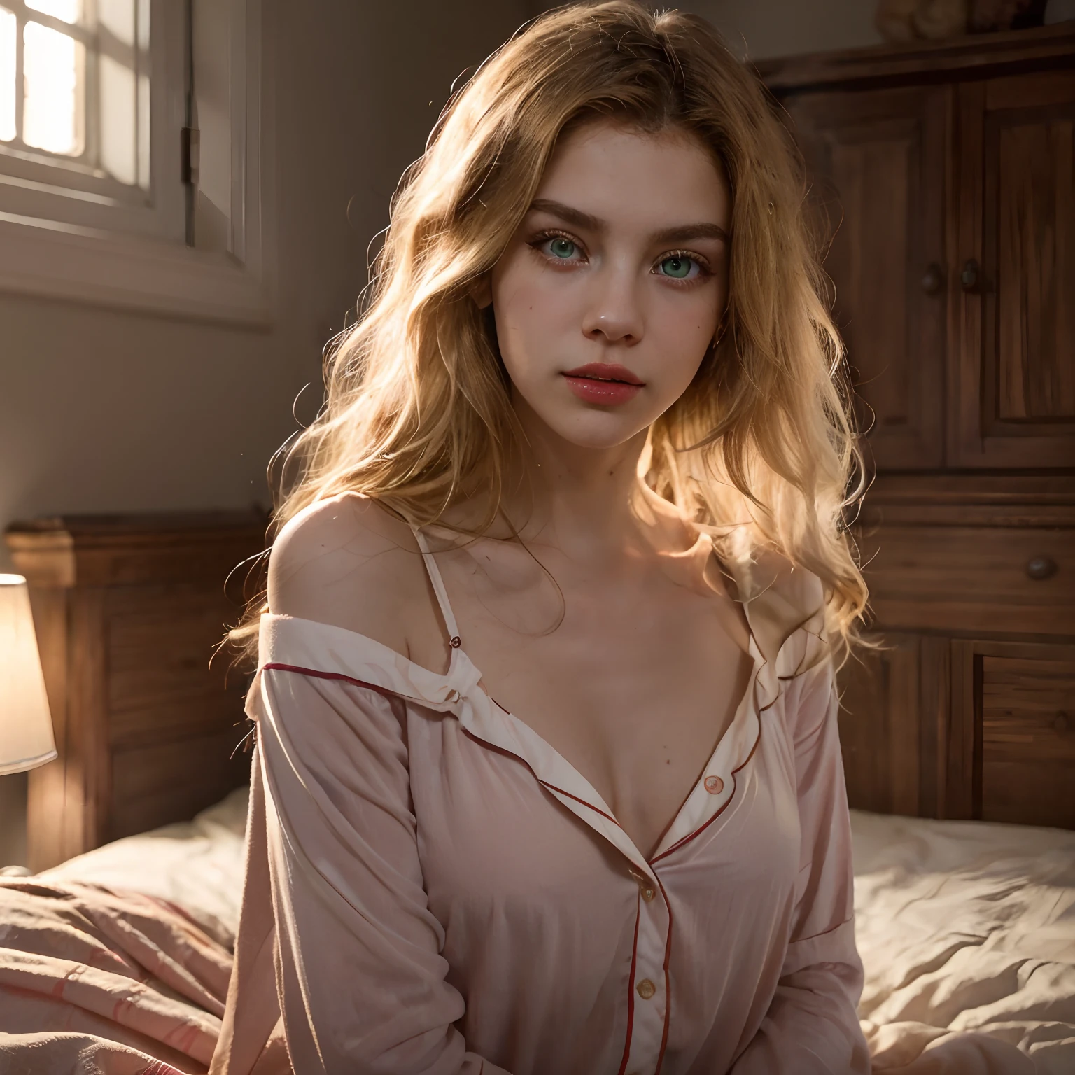 A blonde  girl in an old fashioned victorial era dress looking sad shot from above, cleavage, in Victorian era bedroom. Lit by candles. 1800's era bedroom.  