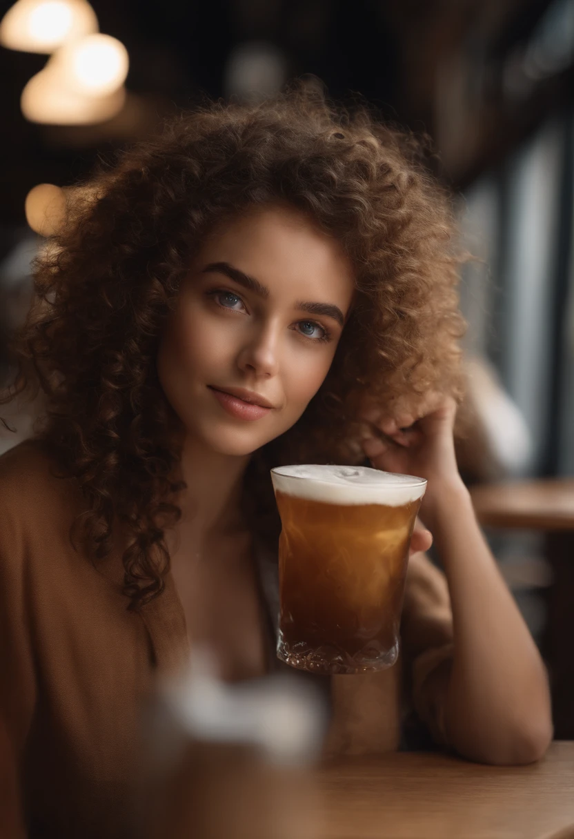 Girl in a café drinking soda, Very detailed, 22 ans, visage innocent, natural Curly hair, yeux bleus, High resolution, Best quality, intricate high detail, highly detailed, detailed skin, realistic skin texture, texture, detailled eyes, professionnel, 4K, sourire charmant, filmed on Canon, 85 mm, faible profondeur de champ, Couleur Kodak Vision, perfect fit body, Extremely detailed, photographier_\(ultra\), photoreallistic, Realstic, Post-traitement, Maximum details, roughness, real life, ultra realist, photorealism, photographie, 8K UHD, photographie