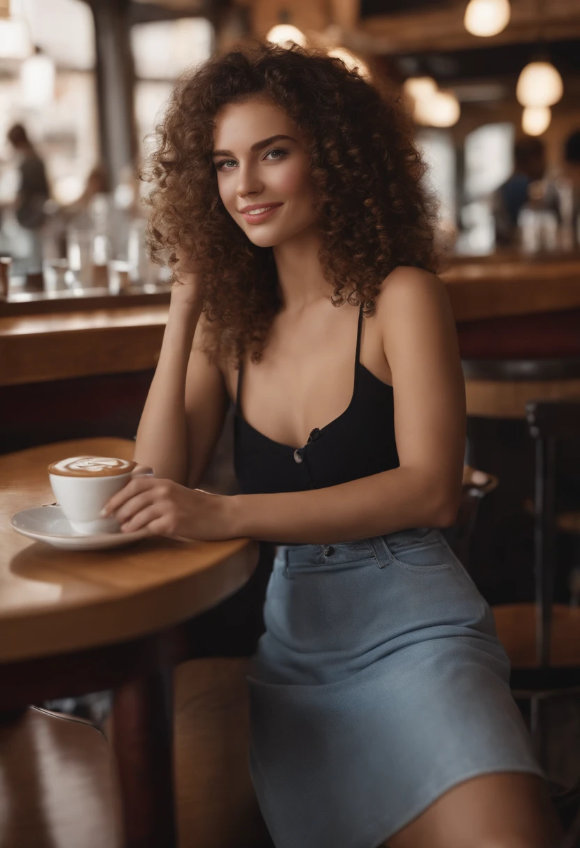 Girl in a café drinking soda, Very detailed, 22 ans, visage innocent, natural Curly hair, yeux bleus, High resolution, Best quality, intricate high detail, highly detailed, detailed skin, realistic skin texture, texture, detailled eyes, professionnel, 4K, sourire charmant, filmed on Canon, 85 mm, faible profondeur de champ, Couleur Kodak Vision, perfect fit body, Extremely detailed, photographier_\(ultra\), photoreallistic, Realstic, Post-traitement, Maximum details, roughness, real life, ultra realist, photorealism, photographie, 8K UHD, photographie