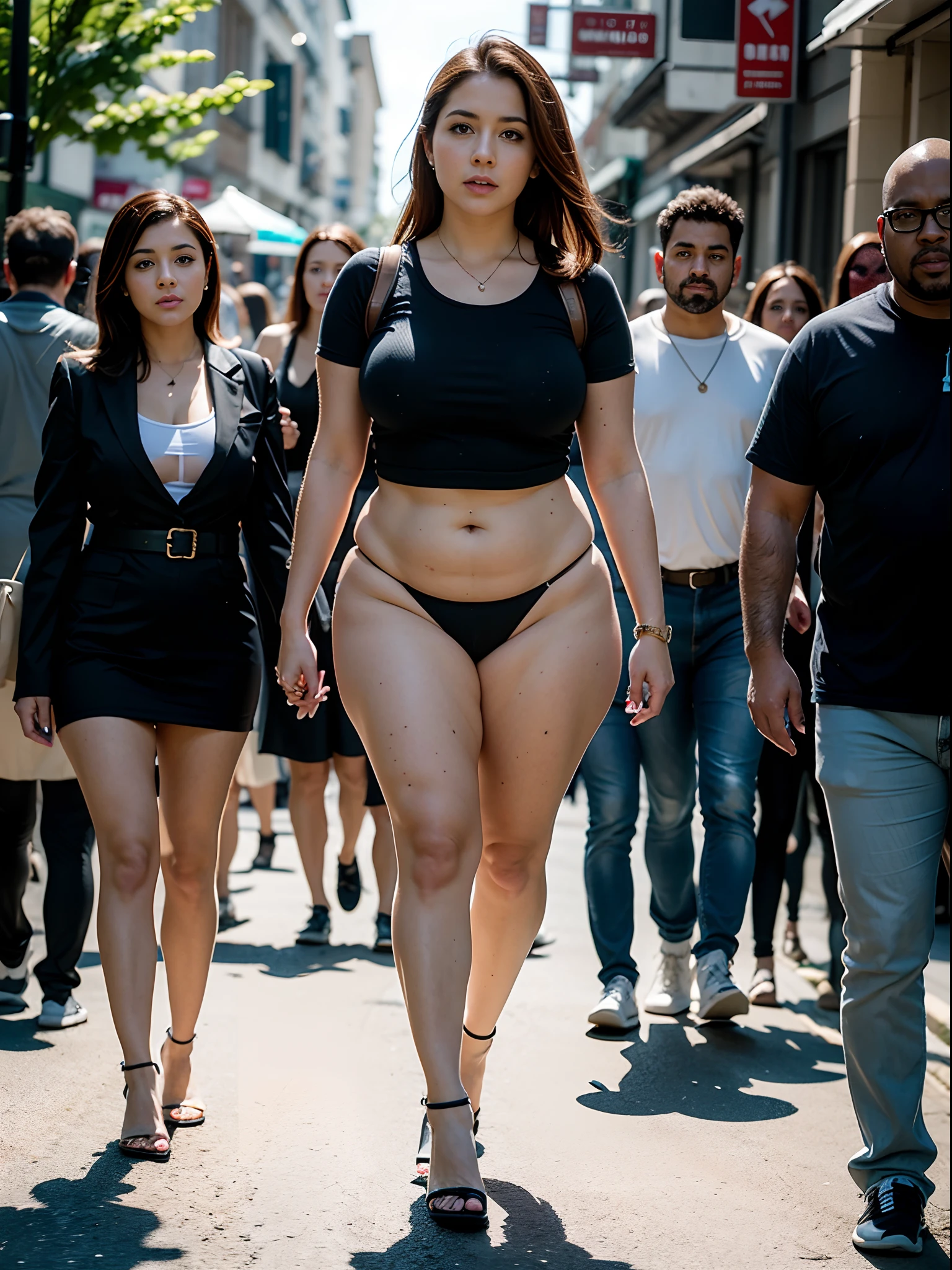 Beautiful cute thicc  bottomless milf. Walking in crowded street.  Embarrassed.