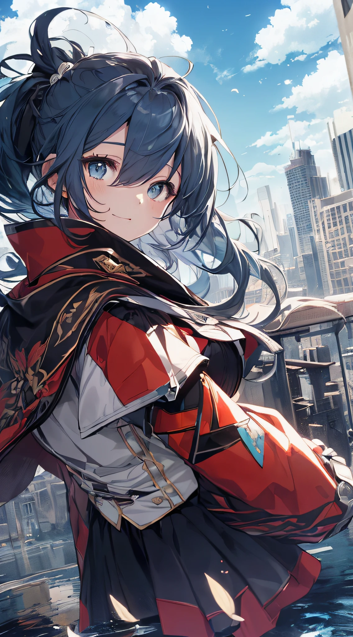 top-quality、Top image quality、masterpiece、girl with((cute little、18year old、Best Bust、Medium bust、Bust 85,Beautiful blue eyes、Breasts wide open,Ponytail with black hair、A slender、Blue hair mesh、Black and white pitch resuit、Blue short skirt,red cloak,Laugh、Leaning forward、Flying in the sky、Reflecting the whole body、Fluttering cloak、Fluttering short skirt))hiquality、Beautiful Art、Background with((blue-sky、mid air、flying though the air)),masutepiece、Elaborate design、visualart、depth of fields、The best lighting、highestdetailed、8k