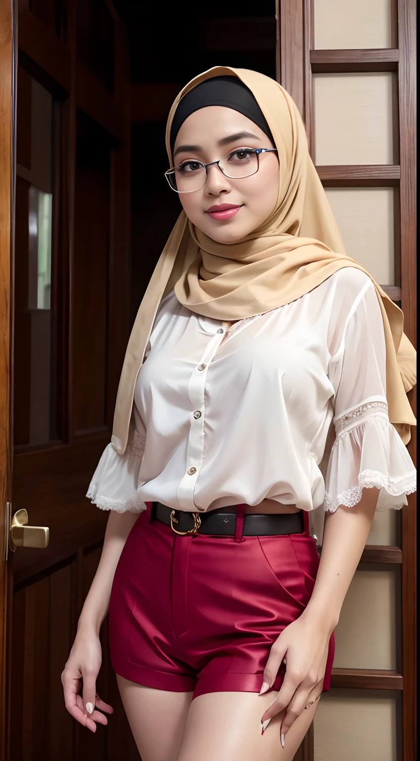(iu:0.8),cleavage, RAW, Best quality, high resolution, Masterpiece: 1.3, Beautiful glasses pearl_skinned sexy hijabi javanese wearing high_slit_skirt, Masterpiece, Soft smile