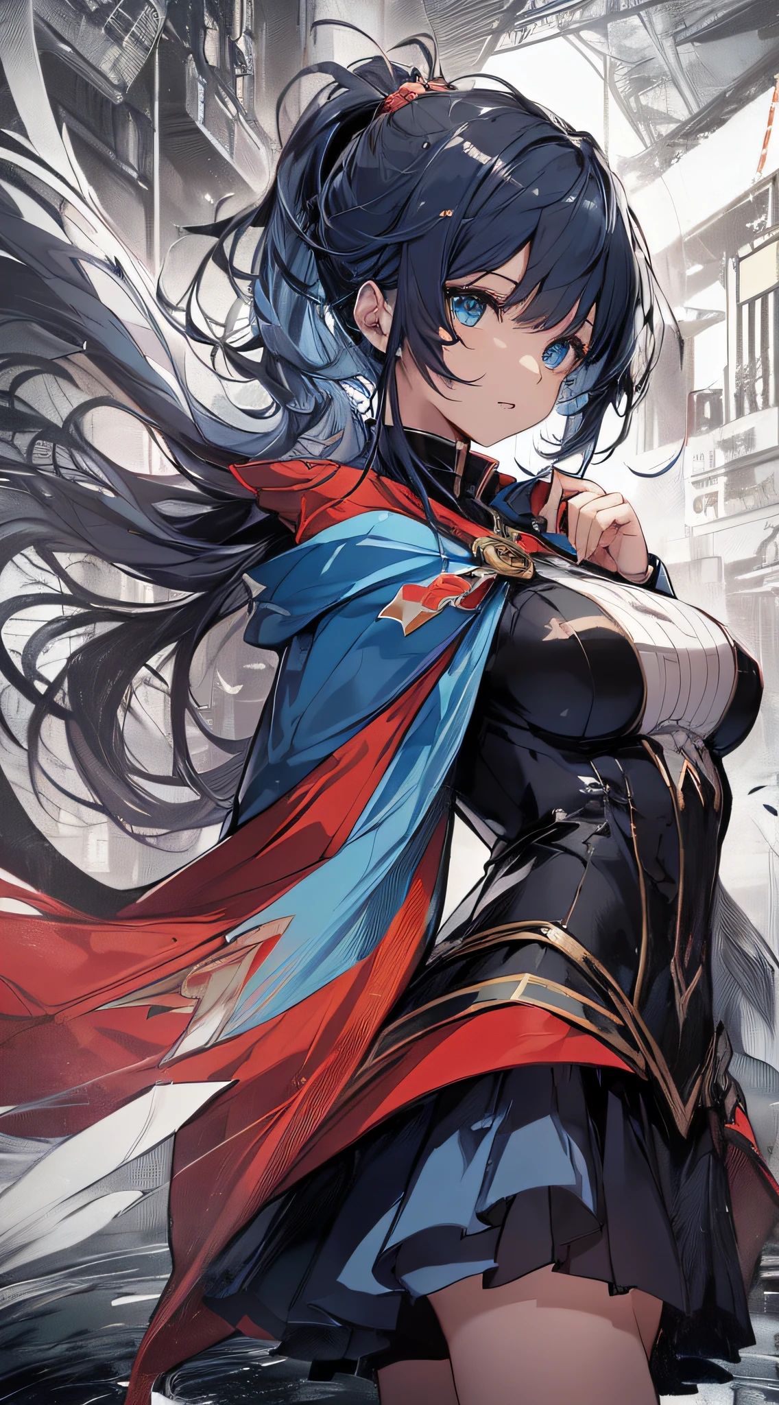 top-quality、Top image quality、masterpiece、girl with((cute little、18year old、Best Bust、Medium bust、Bust 85,Beautiful blue eyes、Breasts wide open,Ponytail with black hair、A slender、Blue hair mesh、Black and white pitch resuit、Blue short skirt,red cloak,Laugh、Leaning forward、Flying in the sky、Reflecting the whole body、Fluttering cloak、Fluttering short skirt))hiquality、Beautiful Art、Background with((blue-sky、mid air、flying though the air)),masutepiece、Elaborate design、visualart、depth of fields、The best lighting、highestdetailed、8k