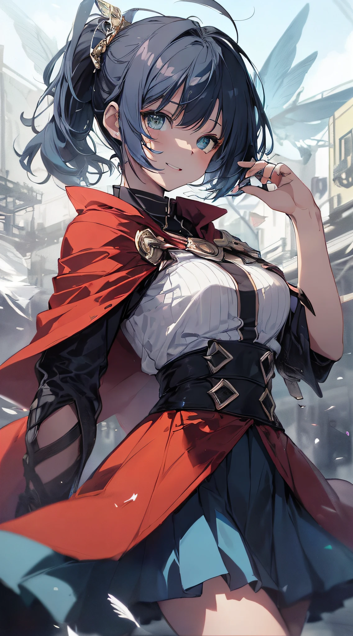 top-quality、Top image quality、masterpiece、girl with((cute little、18year old、Best Bust、Medium bust、Bust 85,Beautiful blue eyes、Breasts wide open,Ponytail with black hair、A slender、Blue hair mesh、Black and white pitch resuit、Blue short skirt,red cloak,Laugh、Leaning forward、Flying in the sky、Reflecting the whole body、Fluttering cloak、Fluttering short skirt))hiquality、Beautiful Art、Background with((blue-sky、mid air、flying though the air)),masutepiece、Elaborate design、visualart、depth of fields、The best lighting、highestdetailed、8k