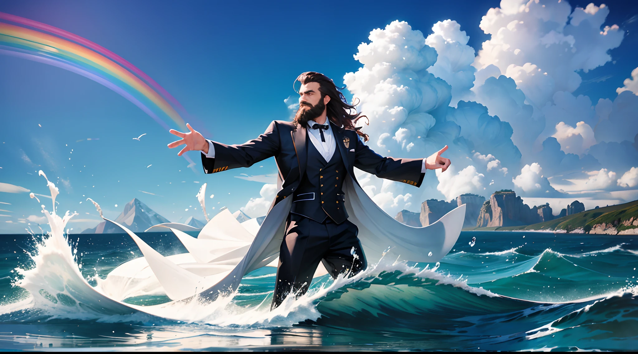 A beard man with dredlock hair, wearing suit,he possesses hydrokinesis, displaying the ability to move water in the form of flying, creating massive waves and splashes,in the ocean, five fingers with details, masterpiece, award winning, (16k resolution) , high quality, mountains in distance, clouds, rainbow