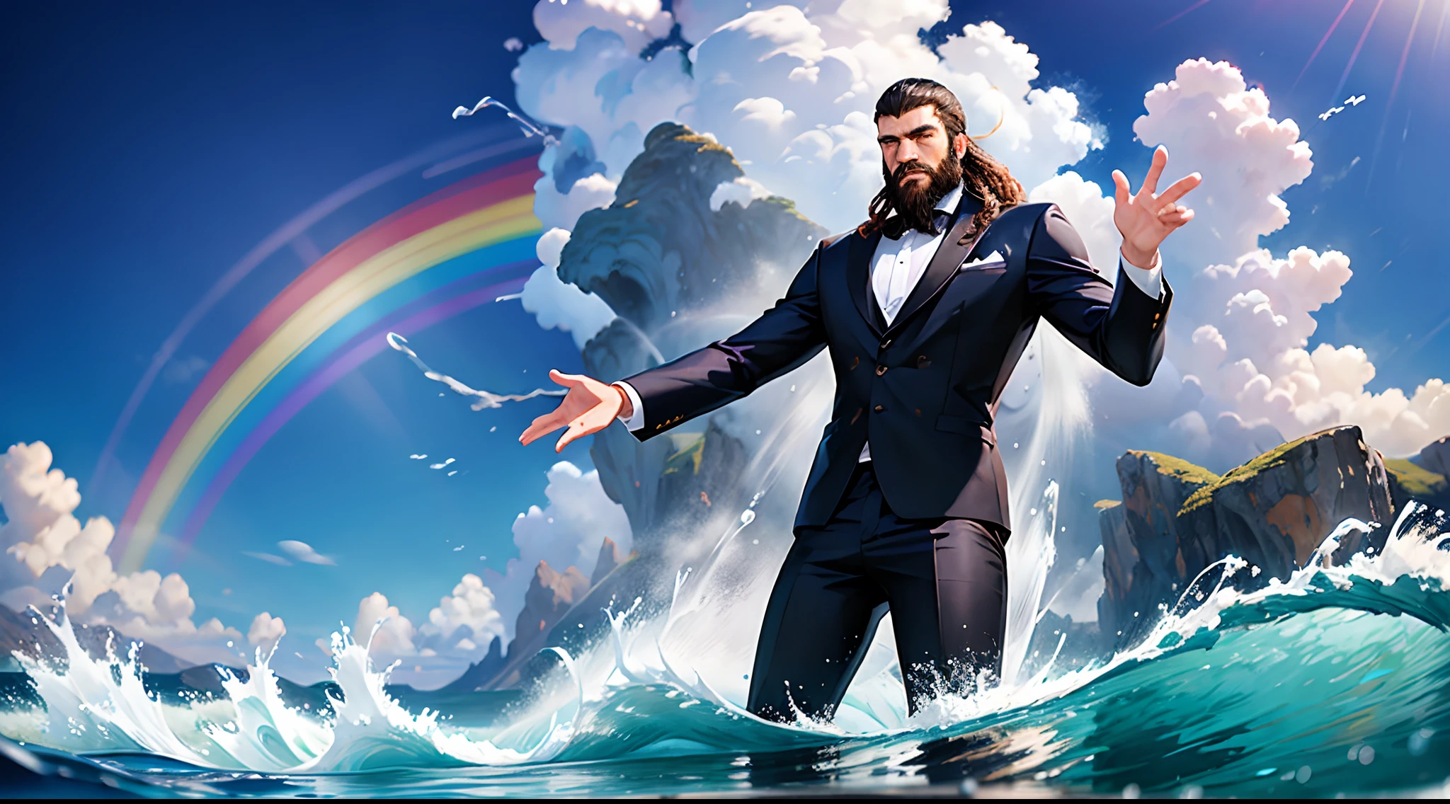 A beard man with dredlock hair, wearing suit,he possesses hydrokinesis, displaying the ability to move water in the form of flying, creating massive waves and splashes,in the ocean, five fingers with details, masterpiece, award winning, (16k resolution) , high quality, mountains in distance, clouds, rainbow
