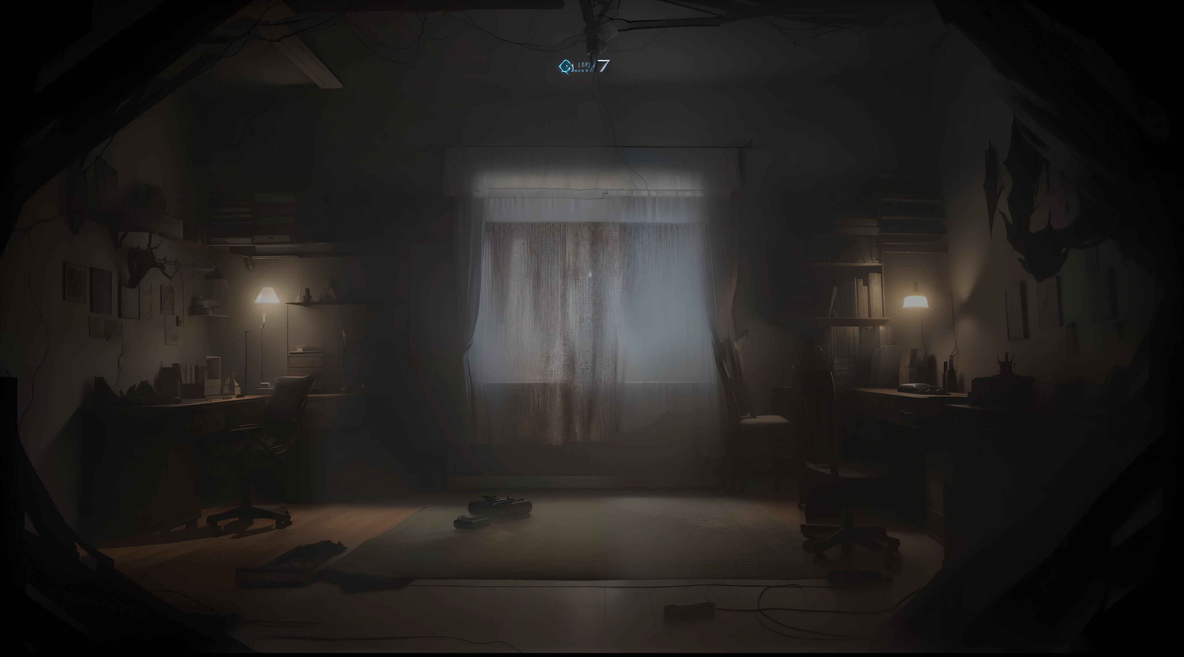 imagem arafed de um quarto com uma janela e uma cortina, Interior liminar assustador de RE7, 4k graphics, quadro de filme escuro e misterioso, Resident Evil 7, outlast 2, fundo assustador, captura de tela do filme, Last game, Captura de tela do videogame, Quarto fantasma, baixa visibilidade assustadora