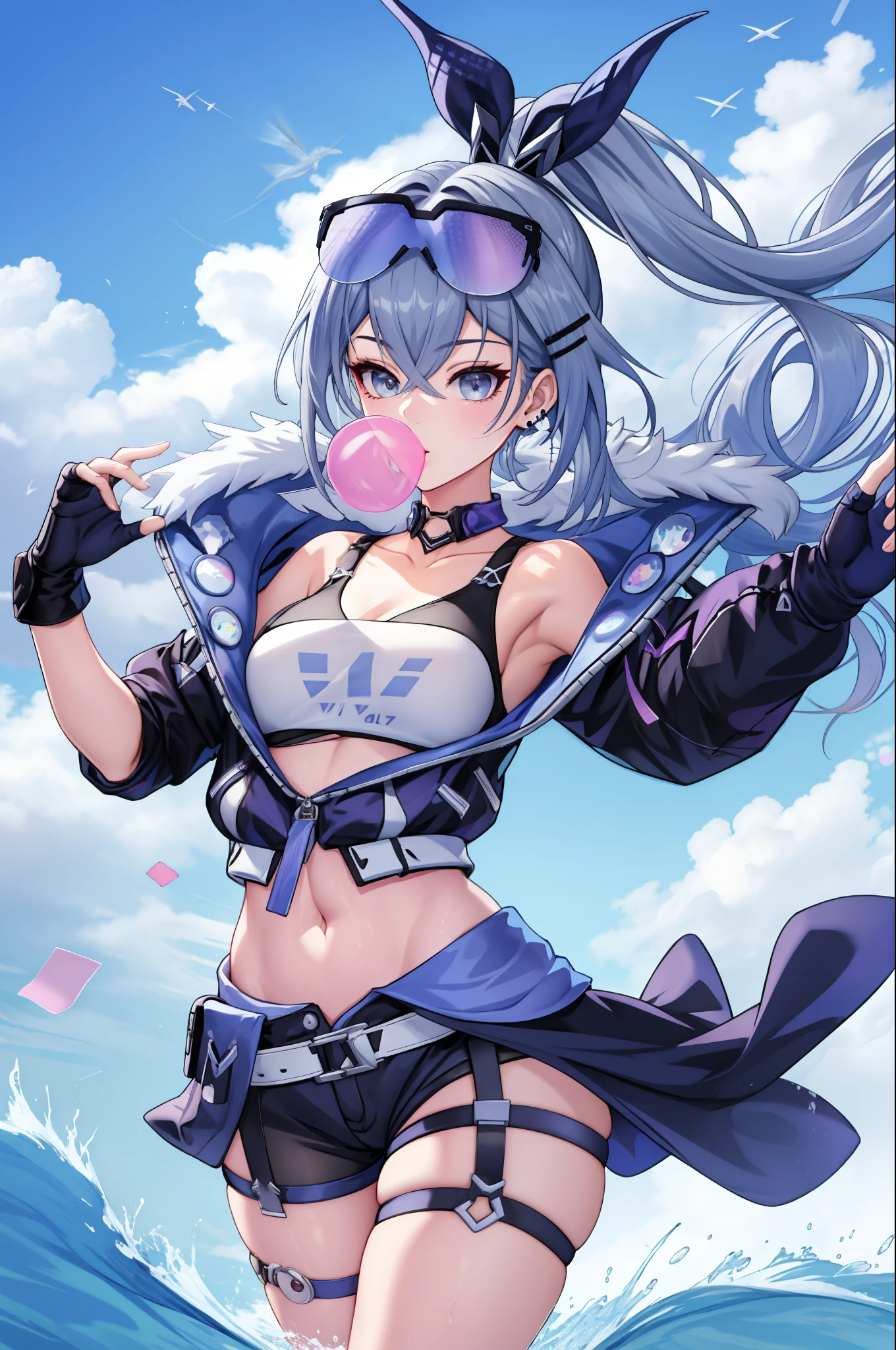 masterpiece, best quality, SilverwolfV5, 1girl, solo, looking at viewer, shirt, hair ornament, gloves, navel, cleavage, bare shoulders, jewelry, medium breasts, jacket, hair ribbon, white shirt, thighs, earrings, open clothes, shorts, sleeveless, choker, black gloves, hairclip, midriff, fingerless gloves, armpits, off shoulder, stomach, open jacket, crop top, sleeveless shirt, thigh strap, black shorts, sunglasses, fishnets, eyewear on head, open fly, micro shorts, bubble blowing, chewing gum,