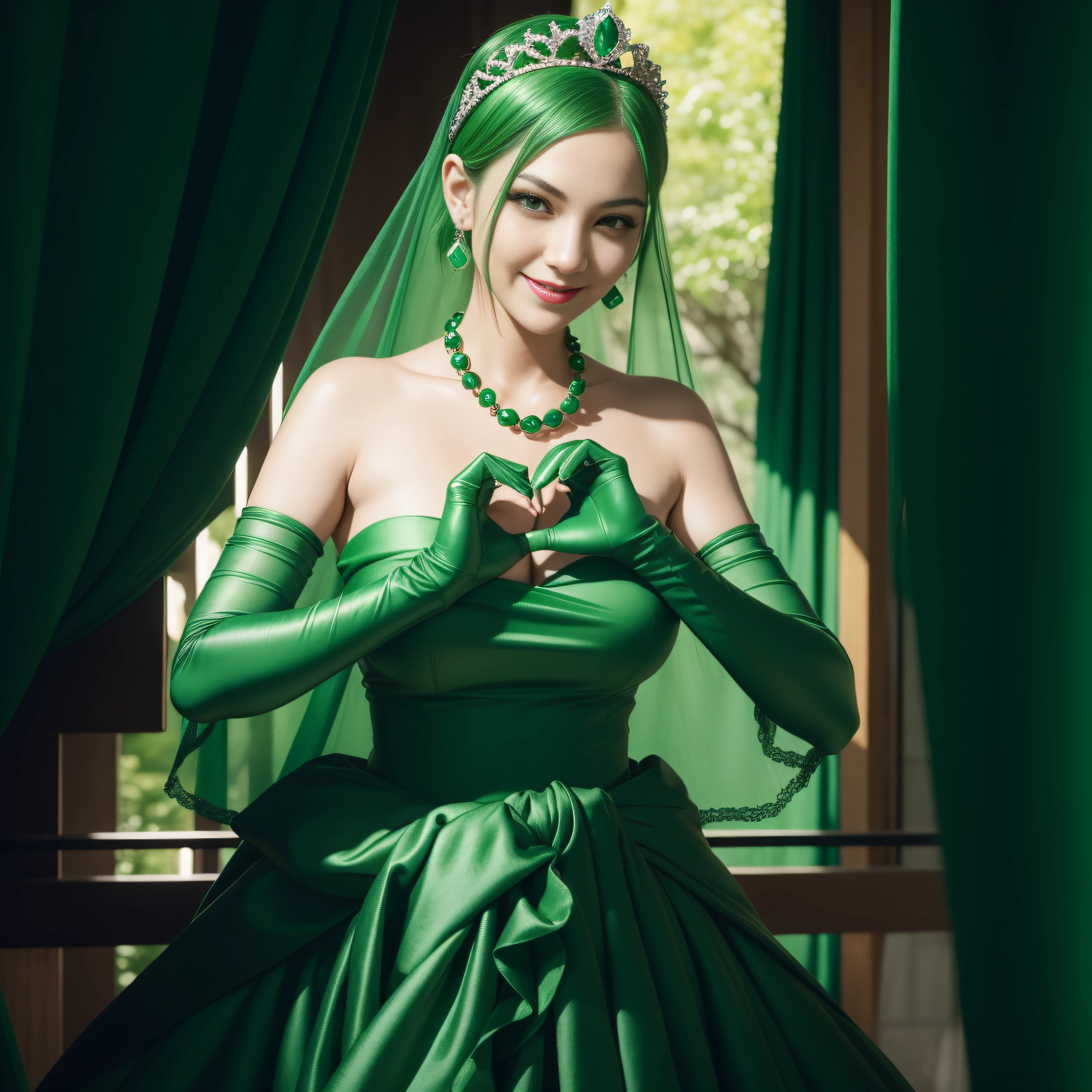 emerald tiara, green pearl necklace, boyish very short green hair, green lips, smiling Japanese woman, very short hair, Beautiful woman with big breasts, green eyes, green satin long gloves, green eyes, emerald earrings, green veil, Heart with both hands, green hair, beautiful japanese woman, heart shaped hands:1.3, green lip gloss