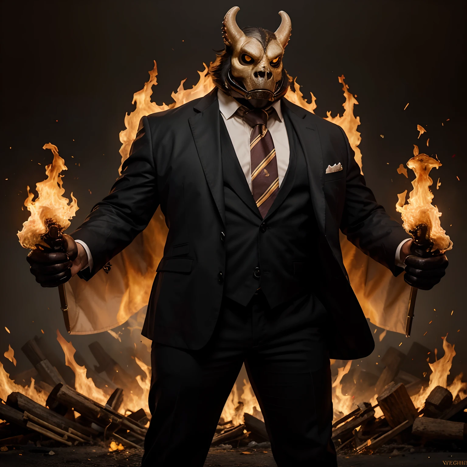 Anthro mussled gryphon fused with ghost rider with a gryphon's head , huge torso , hugr arms , huge pecs , wear a suitwith a tie in fire , full body