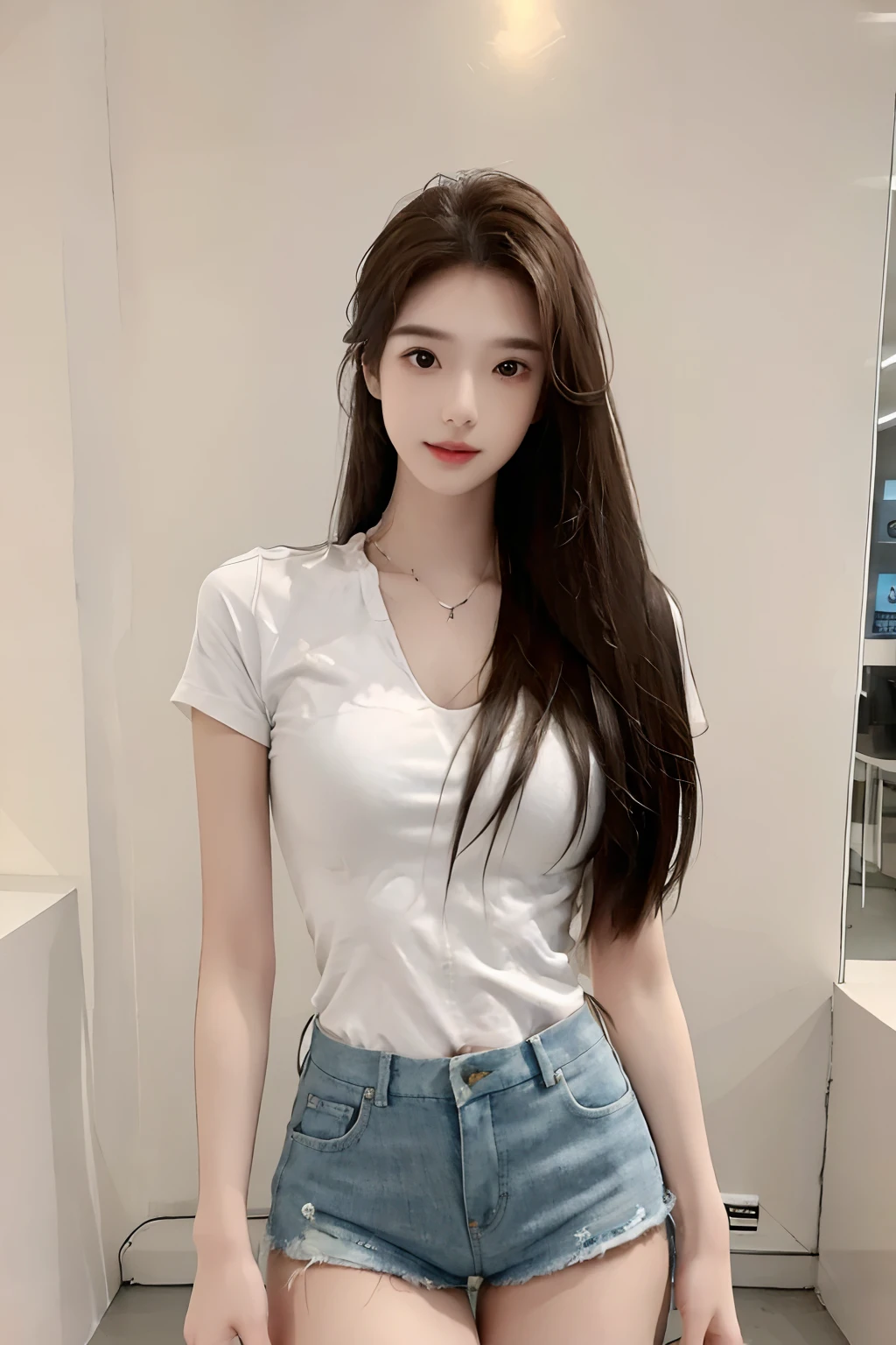 realistic, high resolution, 1 girl, long hair, korean,, loose white shirt, skinny denim shorts,, thighs, panties visible,