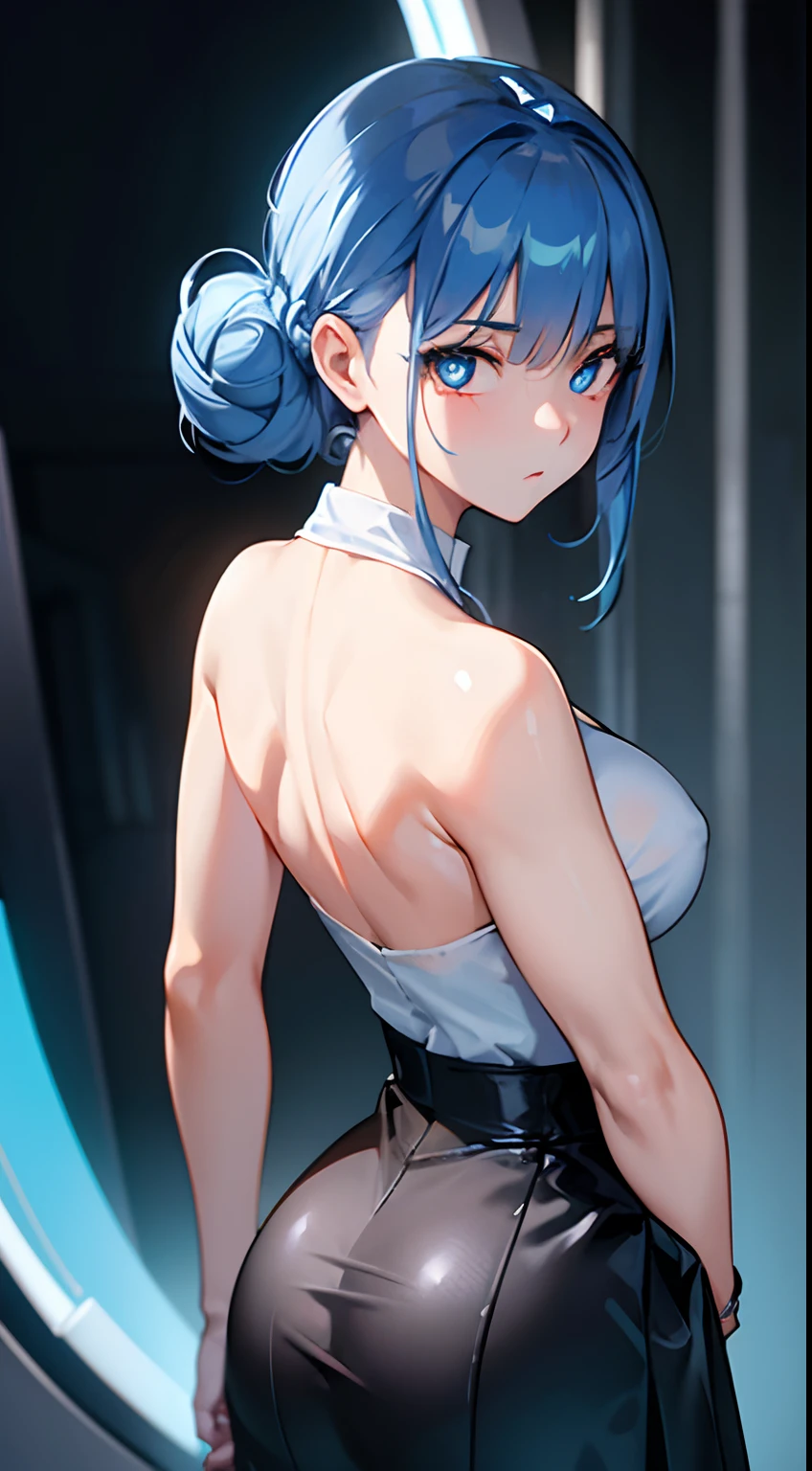 ((masterpiece)),(best quality),(detailed),(1girl), blue hair, blue glowing eyes, Updo, white shirt, black skirt, looking down on the viewer, waist shot, butt to camera