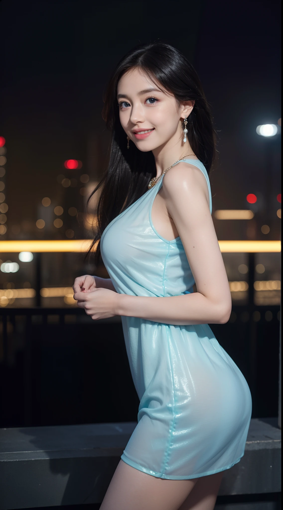 1girl, 175cm,korean kpop idol and model ,23 years old,soft body, jet black hair, wavy hair,whole body, hair reaches waist, whole body,((head to leg)),close-up, 8k, RAW photo, best quality, masterpiece,realistic, photo-realistic,8k, masterpiece, RAW photo, best quality, photorealistic, extremely detailed CG unity 8k wallpaper, Depth of field, Cinematic Light, Lens Flare, Ray tracing, (extremely beautiful face, beautiful lips, beautiful eyes), intricate detail face, ((ultra detailed skin)) 1girl, in the dark, deep shadow, pretty korean girl, idol,(very slim slender fit-muscled body:1.3), ((looking at viewer)),(big smile:1.3), (cityscape, blurry background), (dim lights, rooftops, veranda), pretty girl, earrings, bracelets, necklace, clear eyes, walking , front shot, (pale skin), face forward, (big eyes), ((full body shot)), ((black silk Laced)), ((see-through red color sleep gown:1.3)), (brown hairs) (looking at viewer:1.3), (laced panty), open breast, medium breasts, have a sheen , (See through, cyan sleeping gown :1.3), veranda