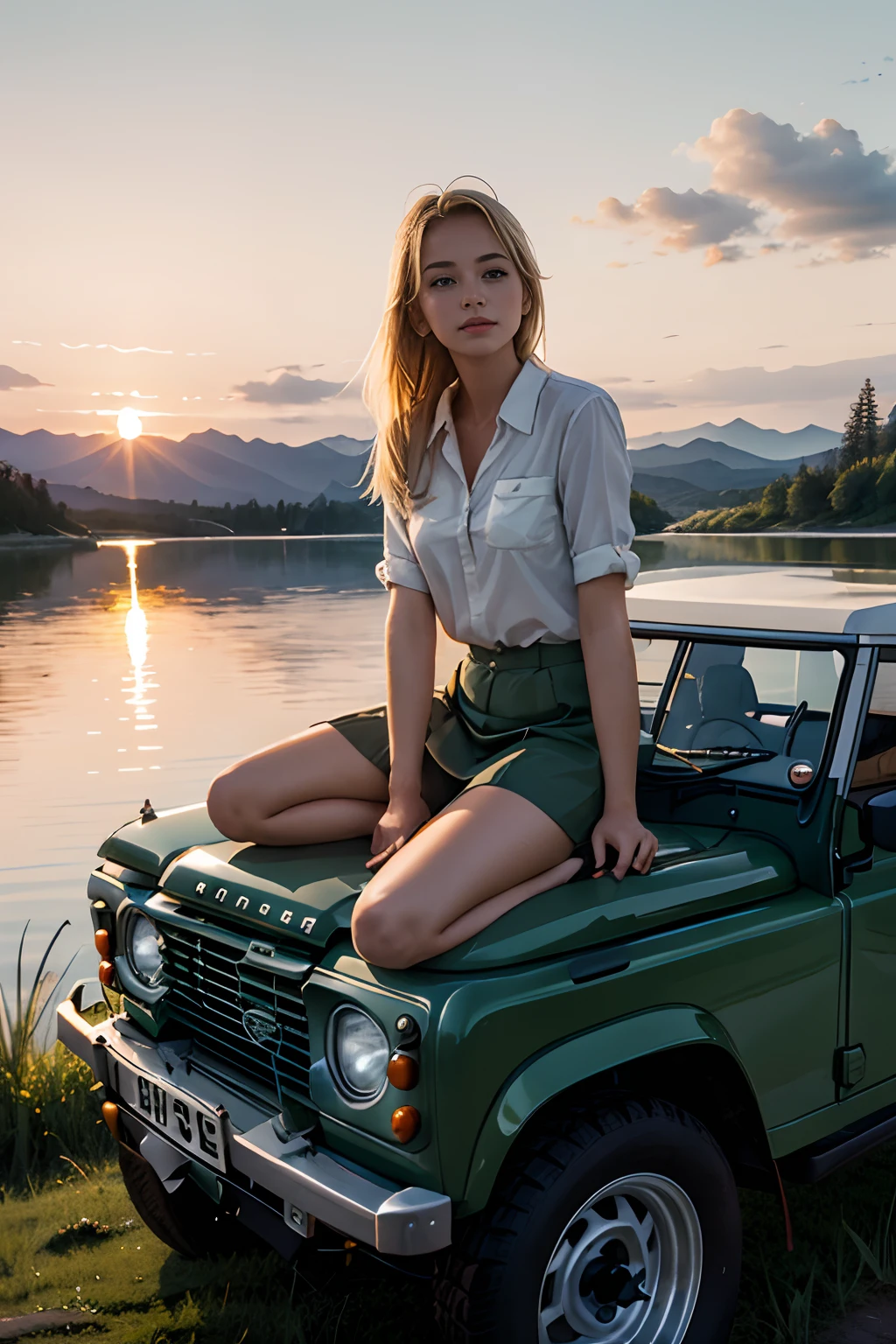 1girl enjoys sunset, nice scenery of a lake behind, watercolor style, sitting on the hood of a car, blonde, enjoying the sunset, sitting on Land Rover, Land Rover Series III 109, sage color, parked.