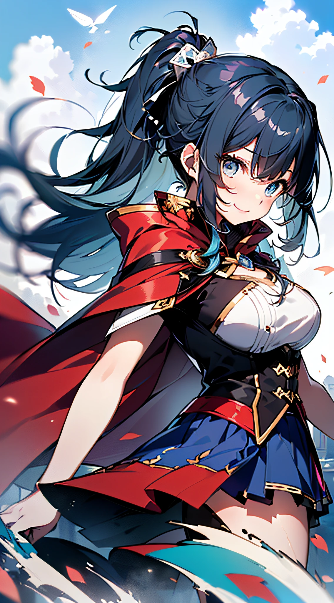 top-quality、Top image quality、​masterpiece、girl with((cute little、18year old、Best Bust、Medium bust、Bust 85,Beautiful blue eyes、Breasts wide open,Ponytail with black hair、A slender、Blue hair mesh、Black and white pitch resuit、Blue short skirt,red cloak,Laugh、Leaning forward、Flying in the sky、Reflecting the whole body、Fluttering cloak、Fluttering short skirt)）hiquality、Beautiful Art、Background with((blue-sky、mid air、flying though the air)),masutepiece、Elaborate design、visualart、depth of fields、The best lighting、highestdetailed、8ｋ