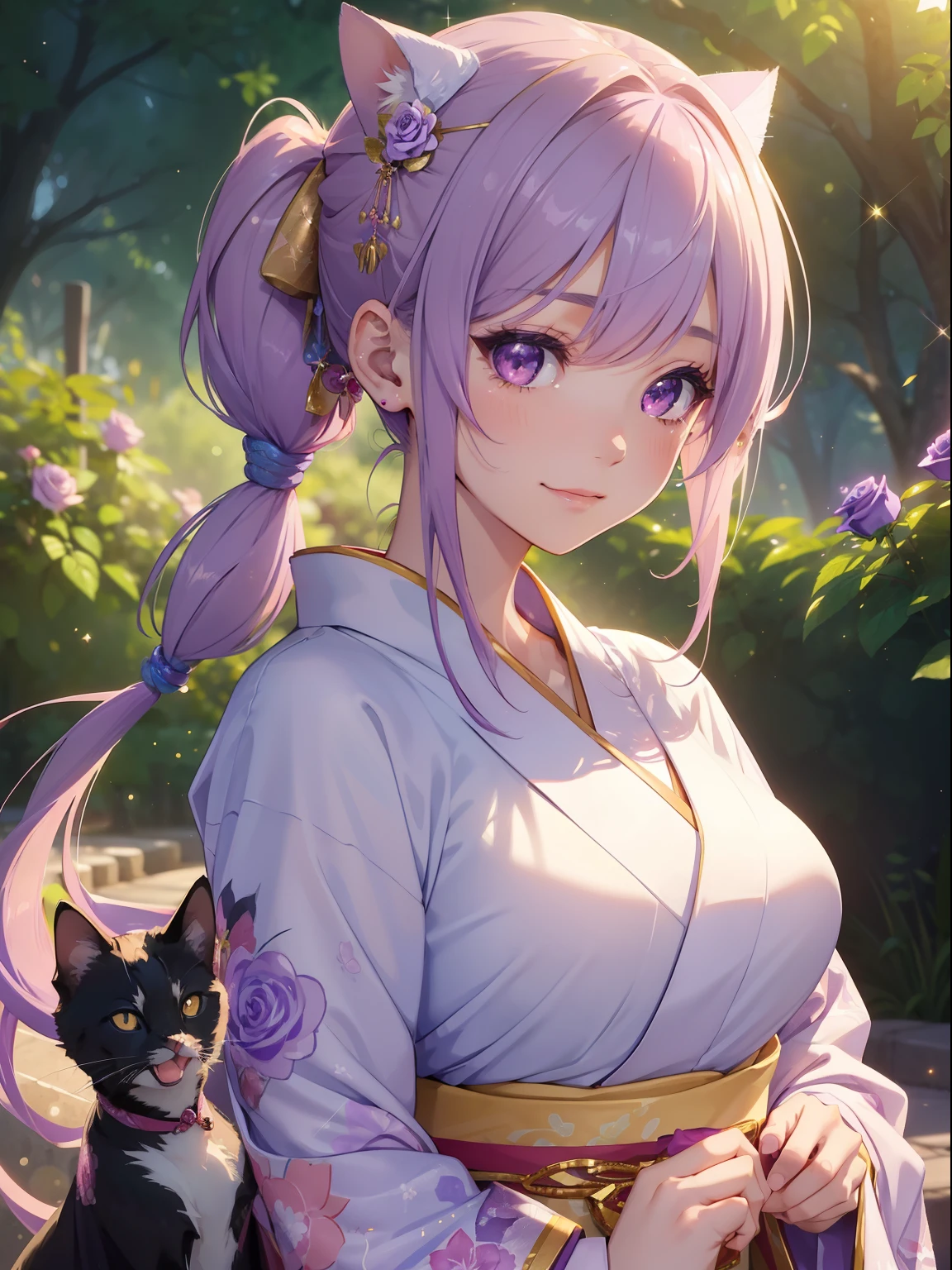 masutepiece, High resolution, 8K, anime woman, Delicate and detailed writing 、Detailed digital illustration、(((Straight pigtail)))、Shiny hair、Bangs、a very beautiful woman、Eyes are double, Large, (((Bust is an A cup)))、High image quality, High quality、Detailed background、The inside of the eye shines like a diamond、Light purple hair、Gradient pupil、(((2 arms、4 fingers, 1 thumb)))、Detailed female face、Very beautiful and cute woman、、细致背景、​masterpiece、Soft Focus , Bright gradient watercolor , Lens Flare , (((Glitter))) , Glow , Dreamy , Light Purple Ribbon、(((Very Beautiful Light Purple Rose Hair Accessories)))、Full smile、(((Face Close-up)、(((kimono)))、1girl in,1cat