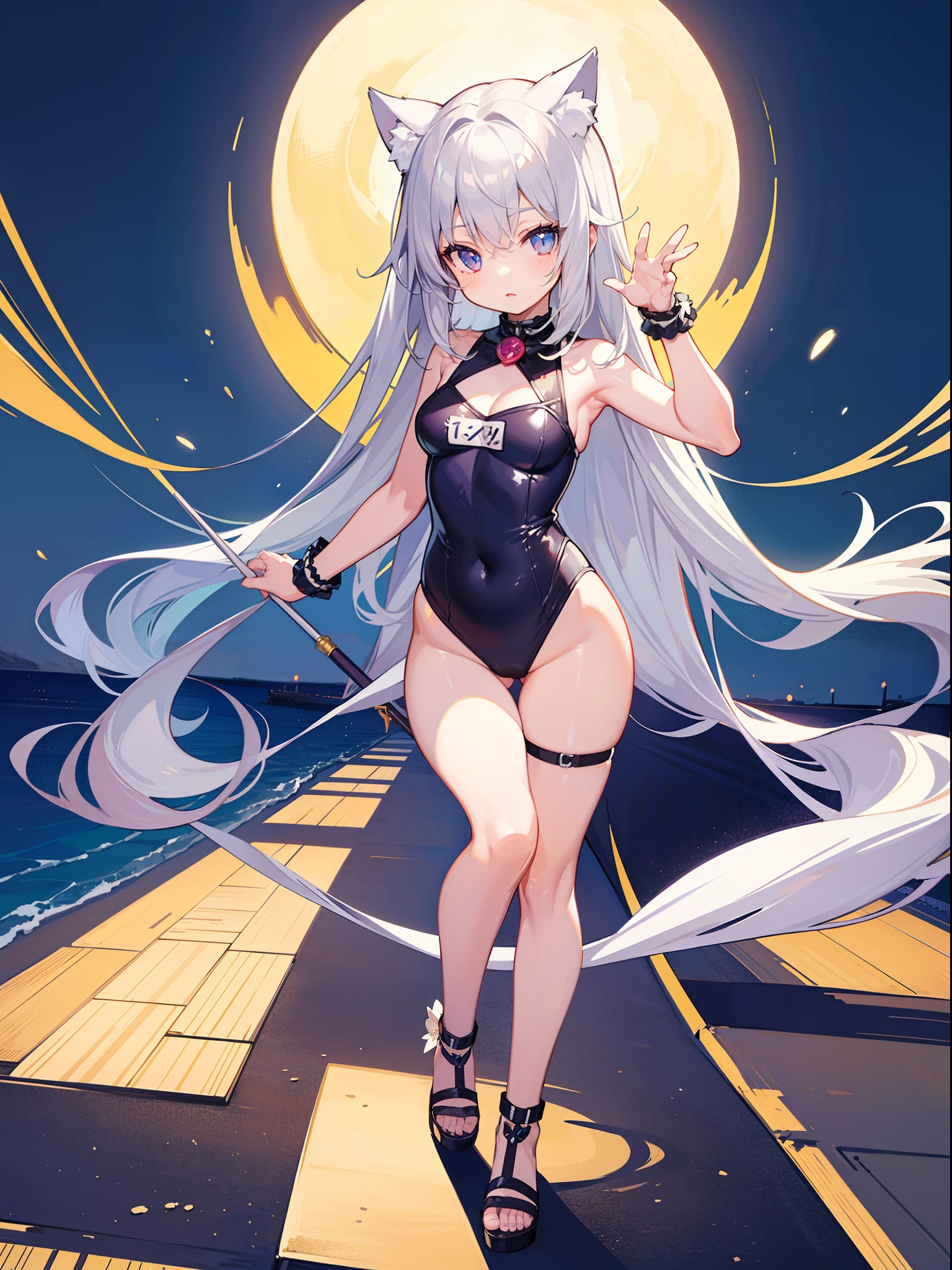 (Masterpiece), (Best Quality Anime Illustration), (Super Definition), One Girl, Solo, Beautiful Girl with Silver Hair, Anime Loli, Cat Ears Loli, Sexy Swimsuit, Bold Pose, Beach