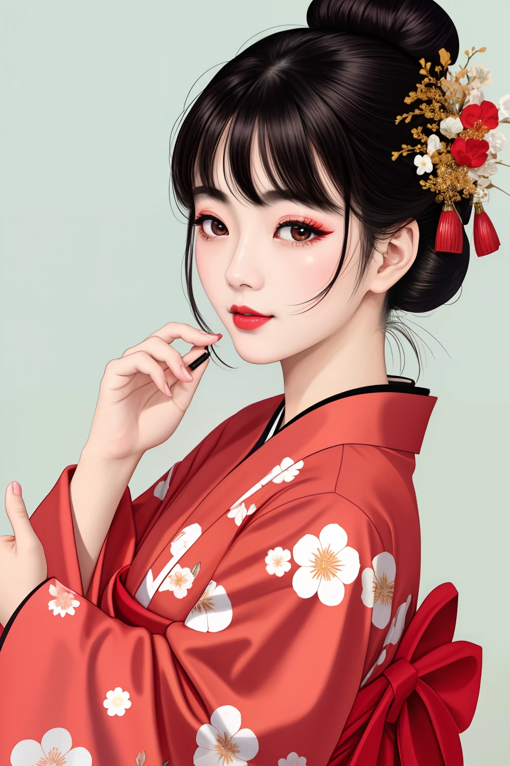 ((Big、a small face、No exposure))、top-quality、masterpiece、(Bun hair Black hair)、Brown eyes、⦅From the buttocks up is the whole body、Diagonally horizontal⦆、(4In K、masterpiece、hight resolution、Realistic and beautiful light and shadow、One girl、Solo Focus、(top-quality)、(Hi-Res)、(extremely delicate and beautiful)、(Beautiful 8k face)、(I close my eyes while smiling.)、(独奏)、(Clear skin)、(Soft hair)、(7headed body)、(Yukata kimono with red and white floral pattern、Girl in Yukata)、((Hair in a bun))、((Tanabata decoration background))、((a small face))、(reality)、thin and small nose、(red lipsticks)、(Reddening cheeks)、(Lustrous skin)、((Ukiyo-e style))、Ultra-thin eyebrows、Ultra high image quality、(Wearing maiko-style makeup)、skin whitening、long and beautiful lashes、Lustrous skin that changes like a model in a Kyoto magazine、(Red-dyed cheeks),Nasal muscle