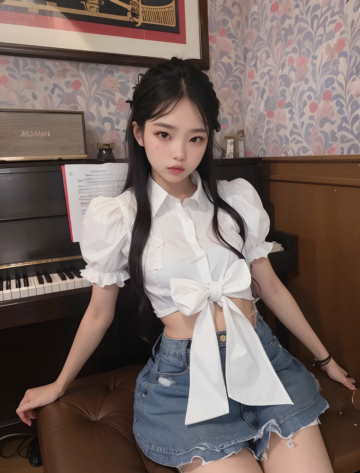 There's a woman sitting on a bench in front of a piano, amarrado - camisa para cima, Ulzzang, wearing a white button up shirt, coreana, usando uma blusa, vestido com camisa branca, linda Delphine, Camisa cropped com jaqueta, kawaii shirt and jeans, vestindo uma blusa branca, roupa branca inchada, arco grosso, Artista coreano, jennie blackpink