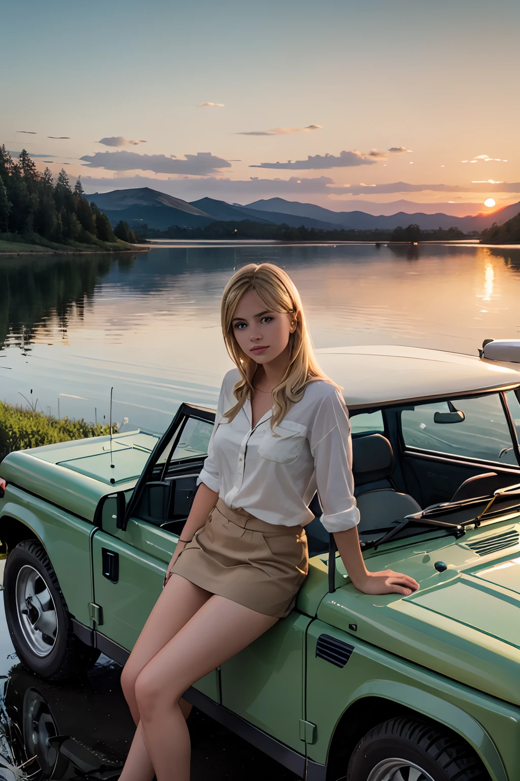 1girl looking at the setting sun, nice scenery of a lake behind, watercolor style, sitting on the hood of a car, blonde, enjoying the sunset, sitting on Land Rover, Land Rover Series III 109, sage color, parked.