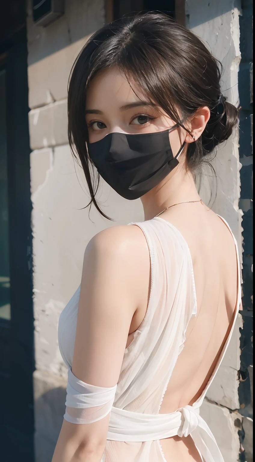 A beautiful and moving girl,Wear a black mask,Cover your face,Carry your hands behind your back,Bandages from the chest to the legs,Like a mummy, it is wrapped in a lot of white bandages,((Cinematic light and shadow texture)),(8K),super high image quality,((Ultra-realistic light and shadow)),(Ultra-fine skin texture),((Extreme chiaroscuro detail)),Cinema lenses,(((Ray traching)))