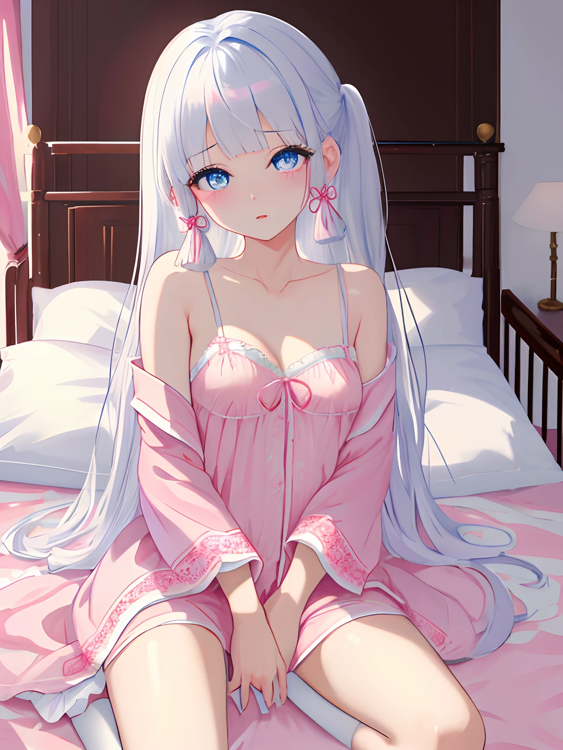 (top-quality、​masterpiece、ultra-detailliert)White hair、Ayaka、kawaii、middlebreasts、s Pajamas、Pink nightgown、knee sox、a bed、co-sleeping、Beautiful eyes、sparkly eyes、light and shadows、film like、illustratio、light blue  eyes、natta、moonlights